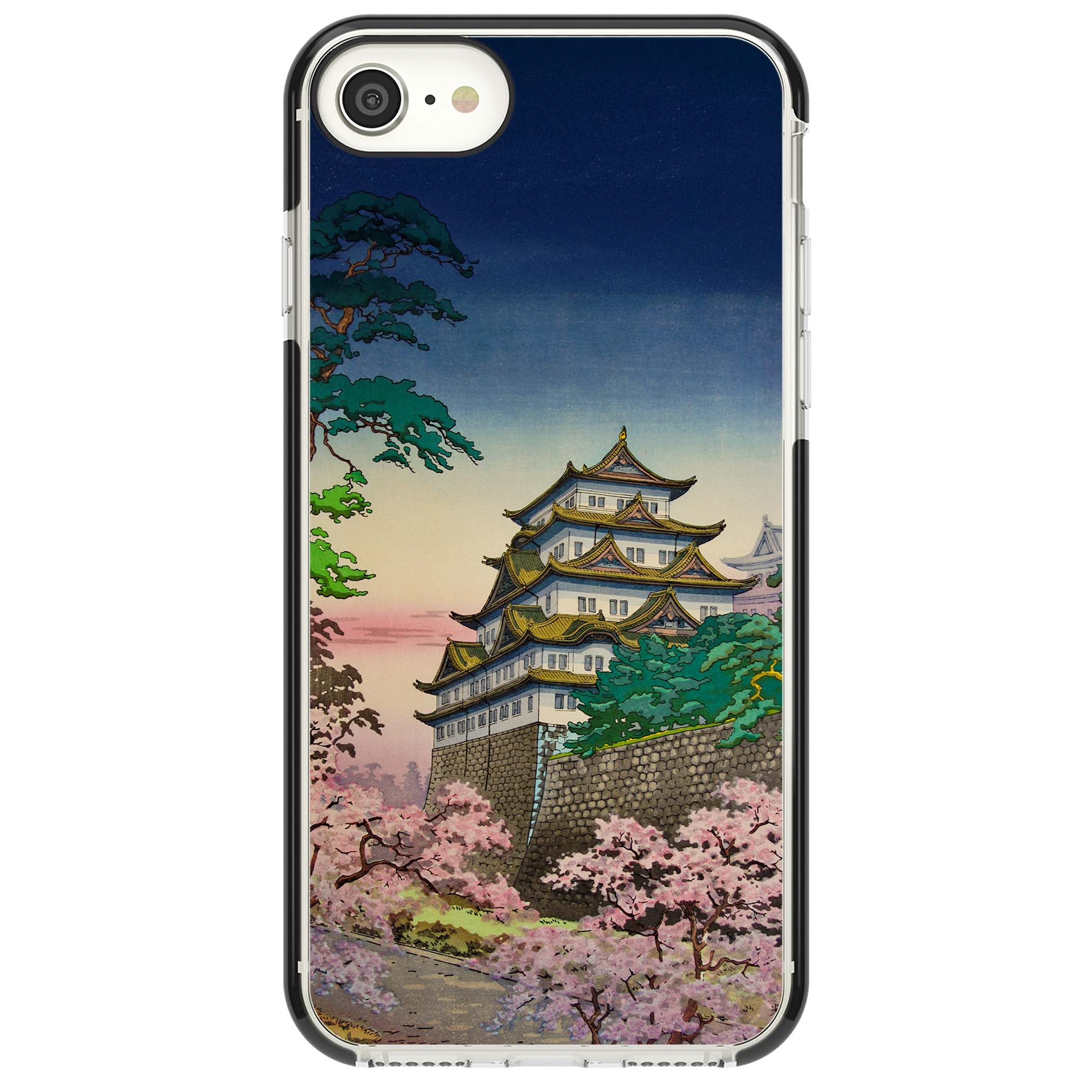 Nagoya Castle Japanese iPhone case featuring a vintage pagoda, twilight sky and cherry blossom trees | Black Impact case for iPhone SE