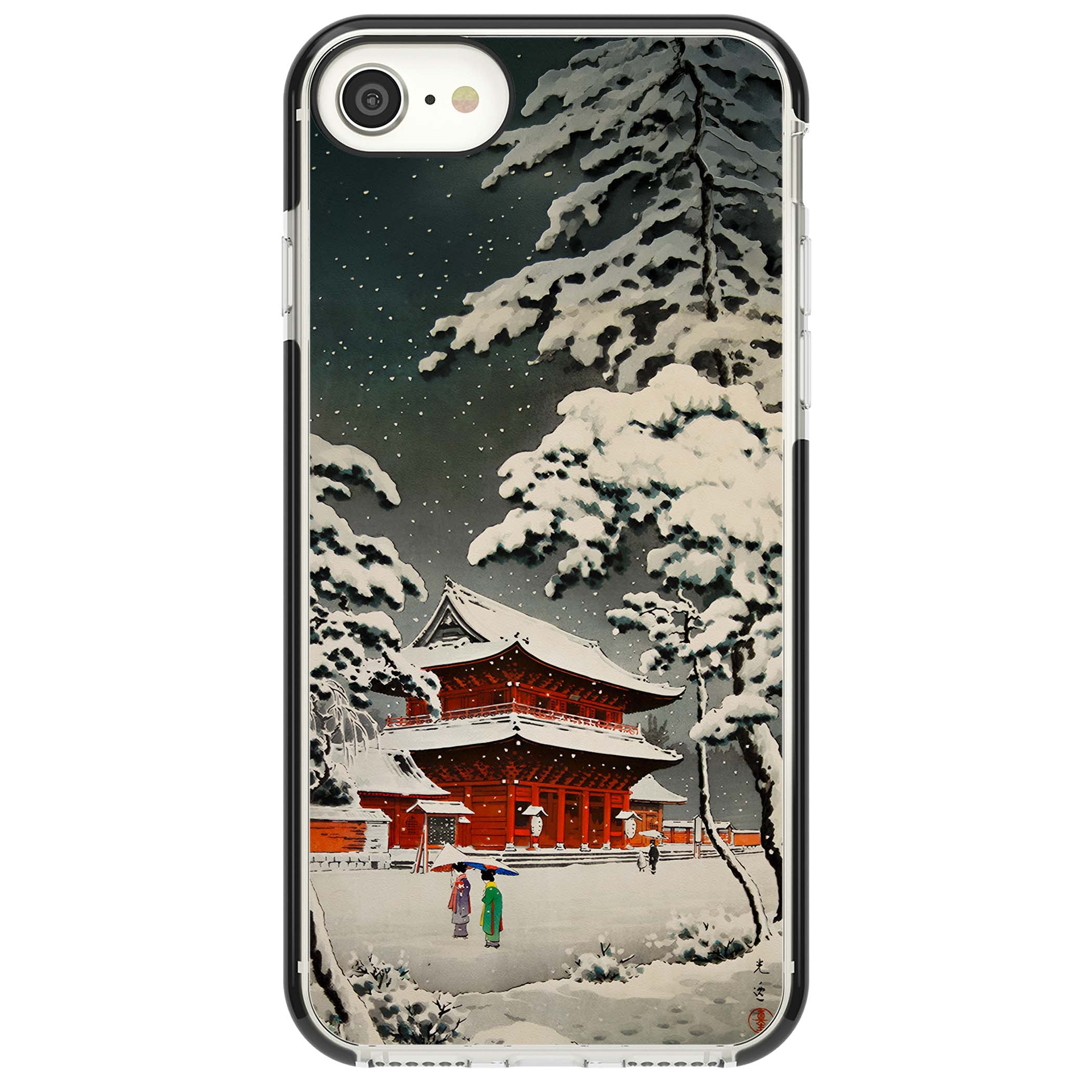 Snow at Shiha Park, Tokyo Japanese art iPhone case featuring a vintage ukiyo-e snowy temple, red pagoda, and snow-covered pin | Black Impact case for iPhone SE