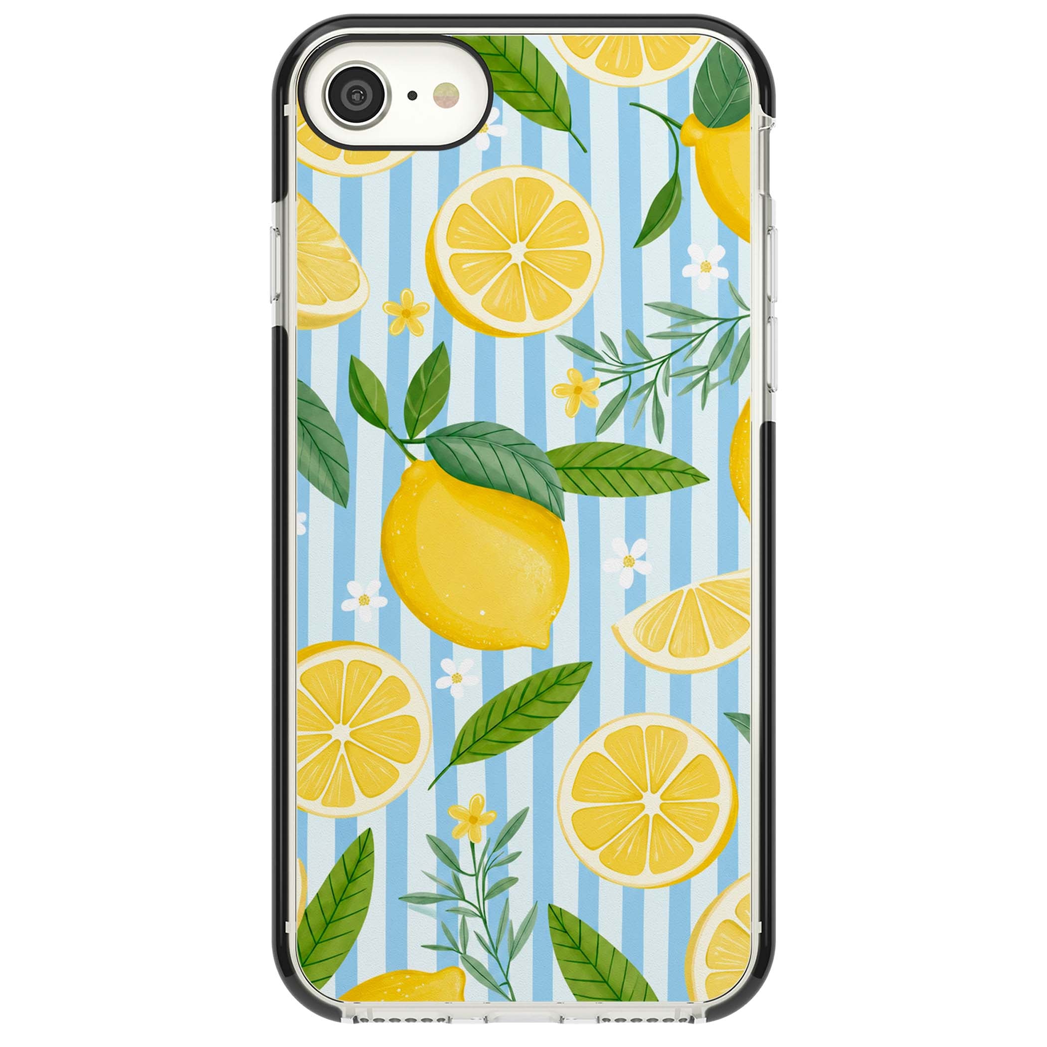 Capri Citrus Stripe coastal iPhone case featuring yellow lemons, blue stripes, and white daisy blossoms | Black Impact case for iPhone SE