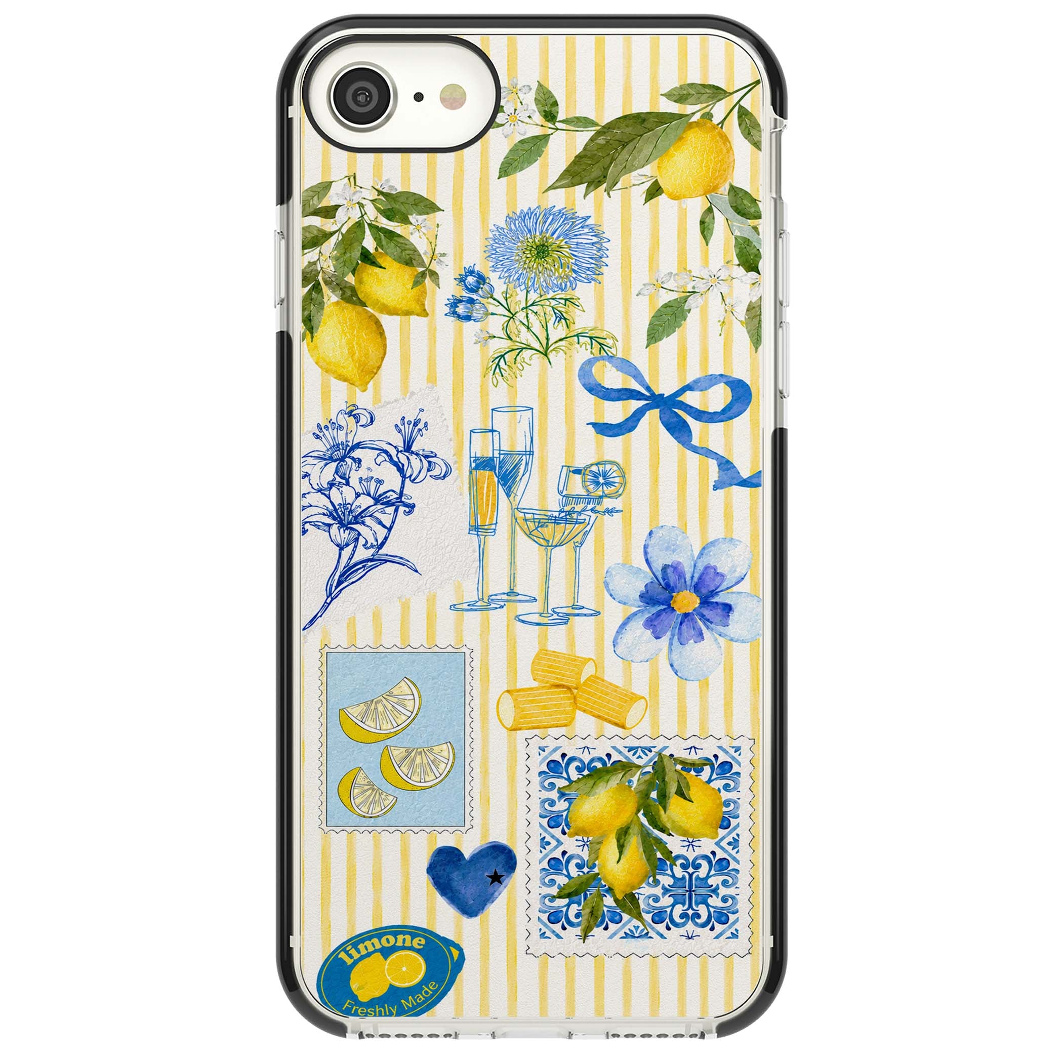 Limone Riviera Italian summer iPhone case featuring watercolour lemons, blue ribbon bows and majolica tile stamps on... | Black Impact case for iPhone SE