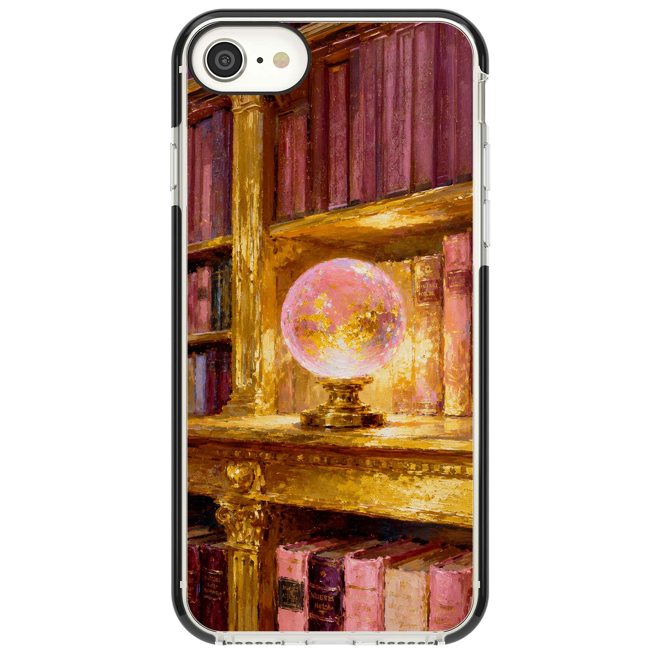 Gilded Library dark academia iPhone case featuring an oil painted crystal ball on a gilded library shelf with vintage | Black Impact case for iPhone SE