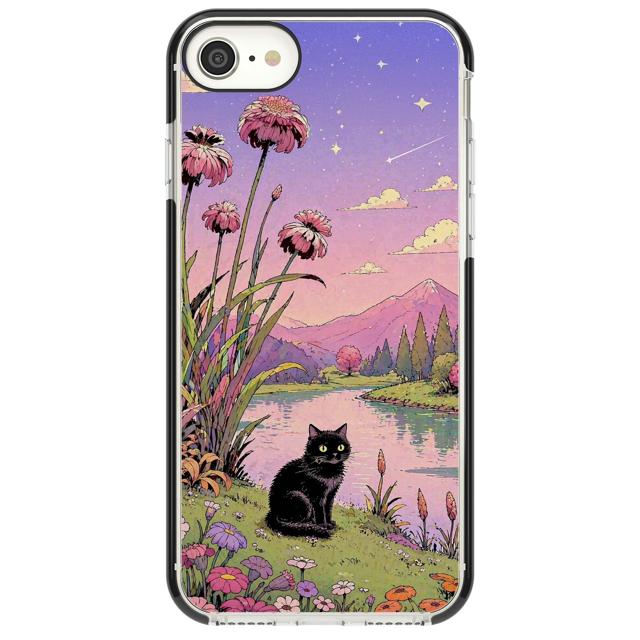 Mystic Whiskers ghibli iPhone case featuring a black cat by a pastel lake, wildflowers and a starry sunset sky | Black Impact case for iPhone SE