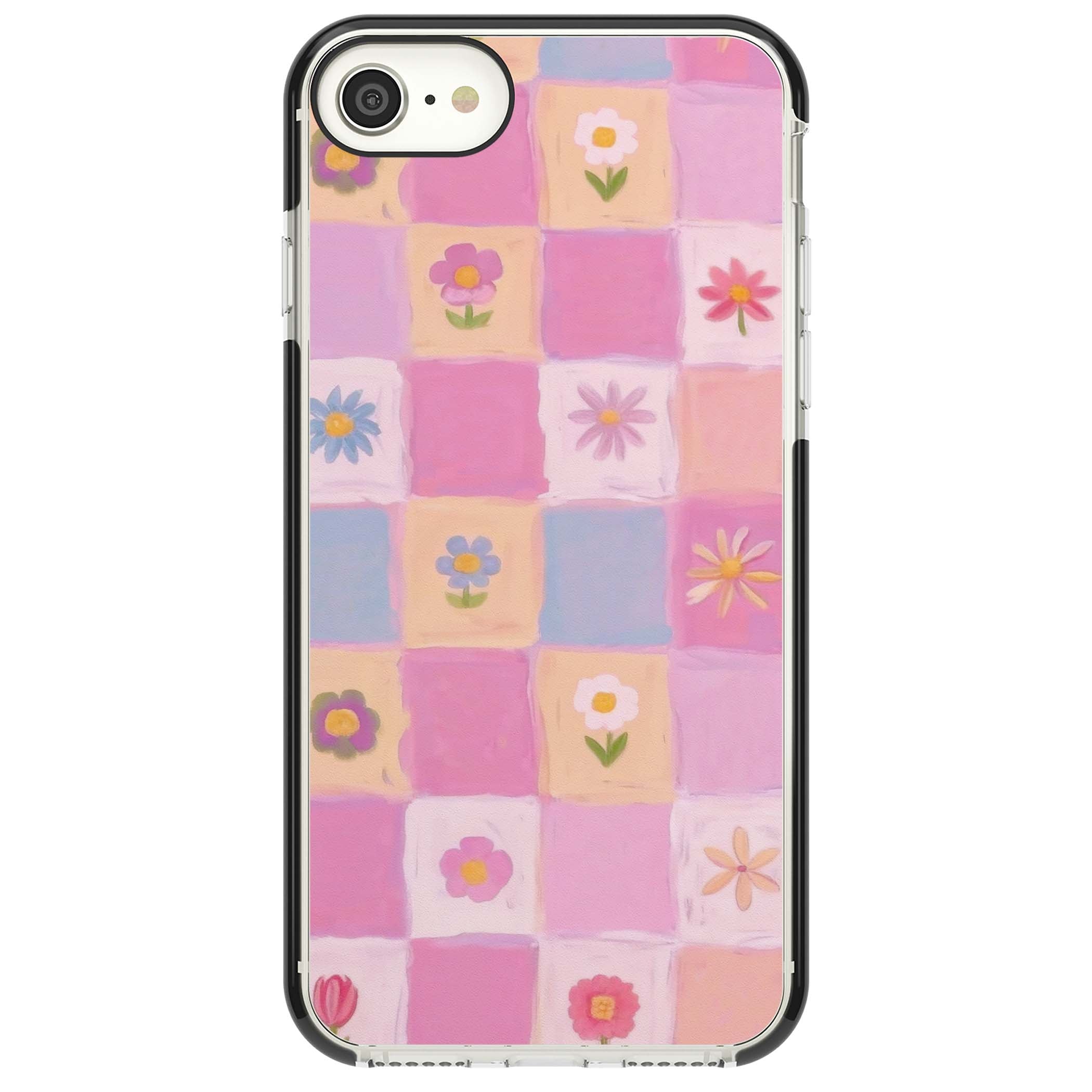 Pastel Flower Patchwork cottagecore iPhone case featuring painted pink and lilac squares with daisies and wildflowers | Black Impact case for iPhone SE