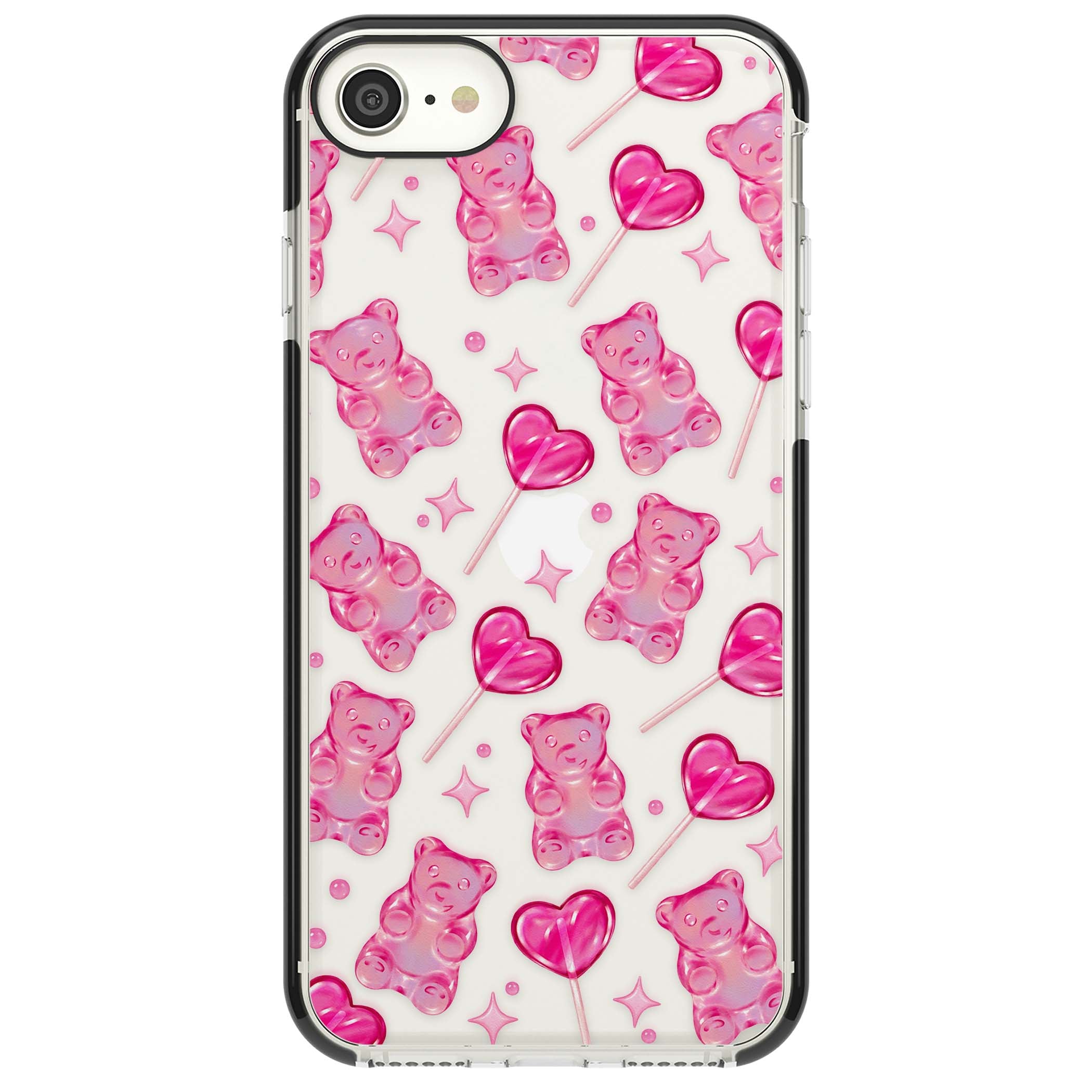 Pink Sugar pinkcore iPhone case featuring pink gummy bears, heart-shaped lollipops and sparkle stars | Black Impact case for iPhone SE