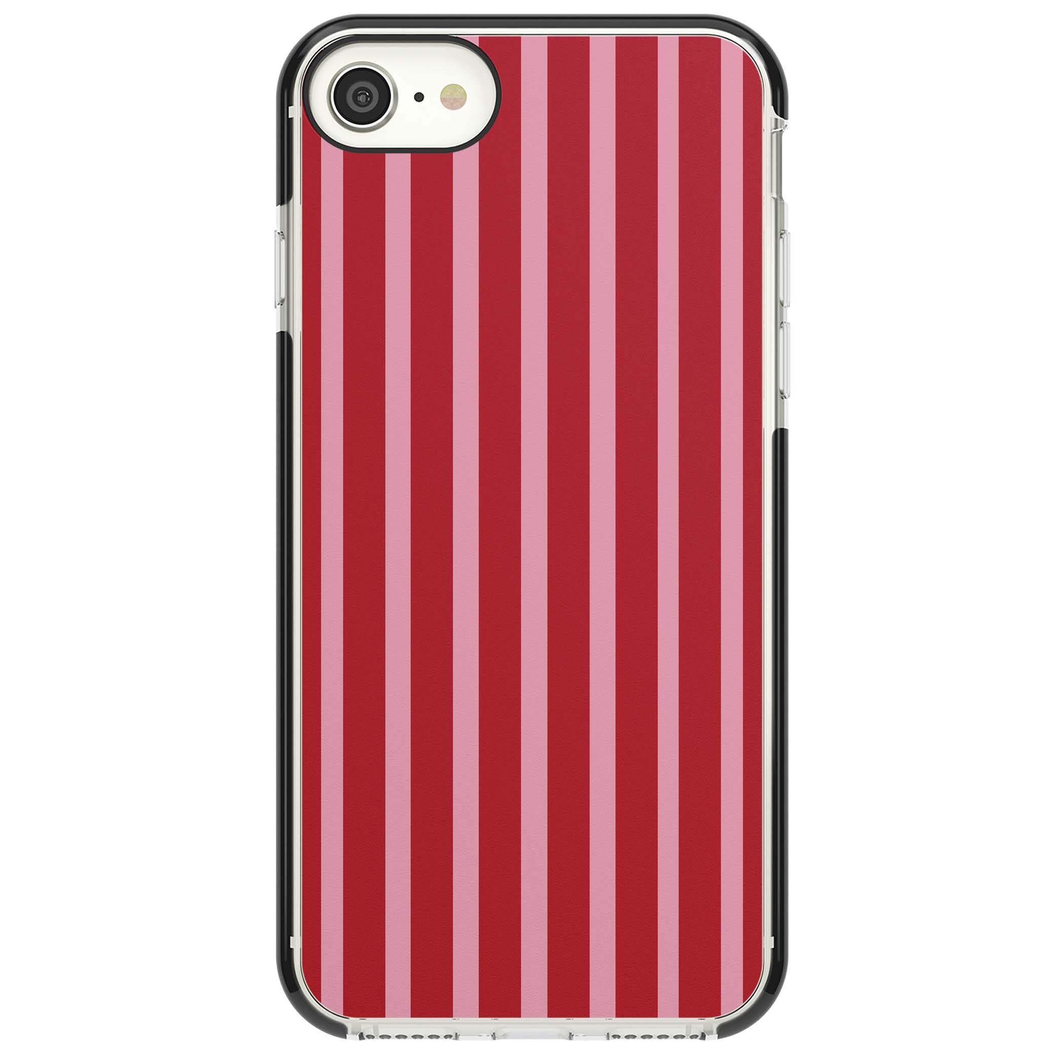 Raspberry Stripe coquette iPhone case featuring red and pink vertical stripes in a candy-inspired pattern | Black Impact case for iPhone SE