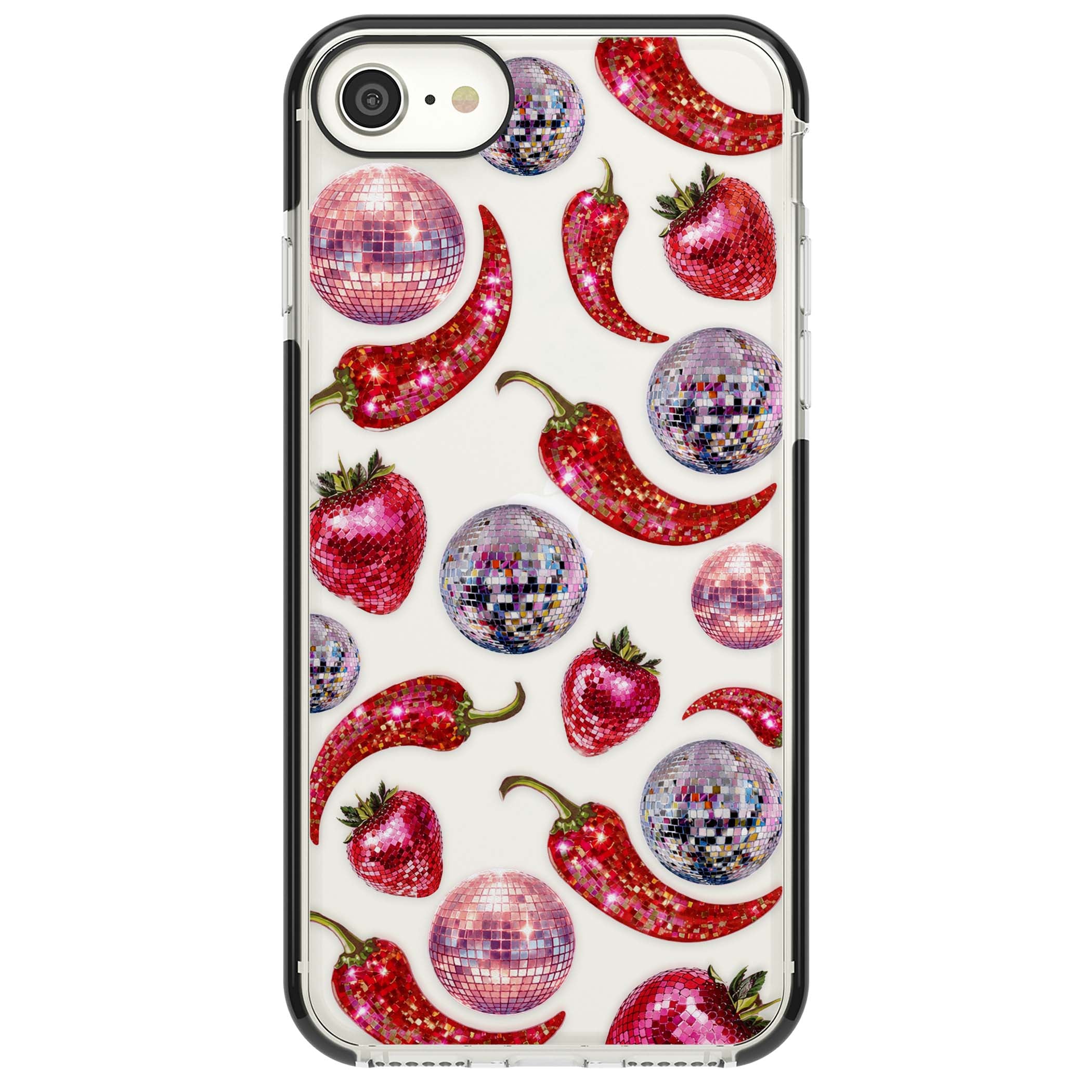 Spicy Disco Y2K iPhone case featuring glitter disco balls, sparkly strawberries and red chilli peppers | Black Impact case for iPhone SE