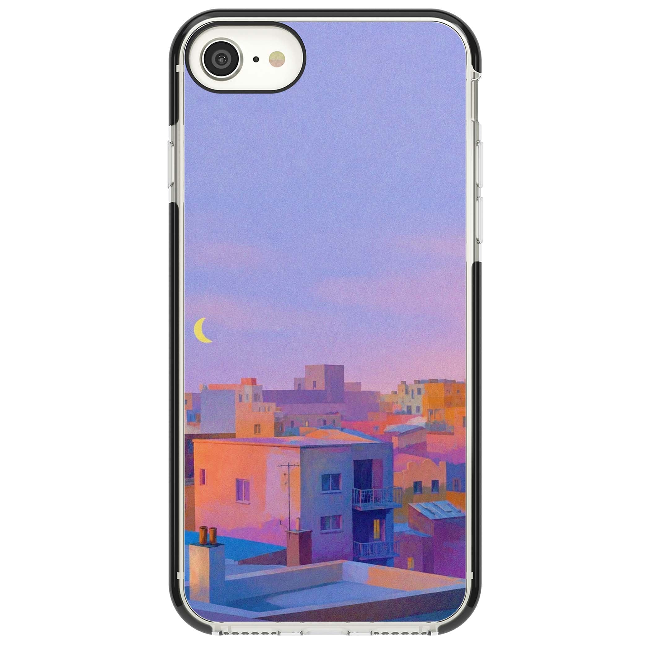 Twilight Rooftops vaporwave iPhone case featuring a pastel sunset cityscape, painted rooftops and a crescent moon. | Black Impact case for iPhone SE