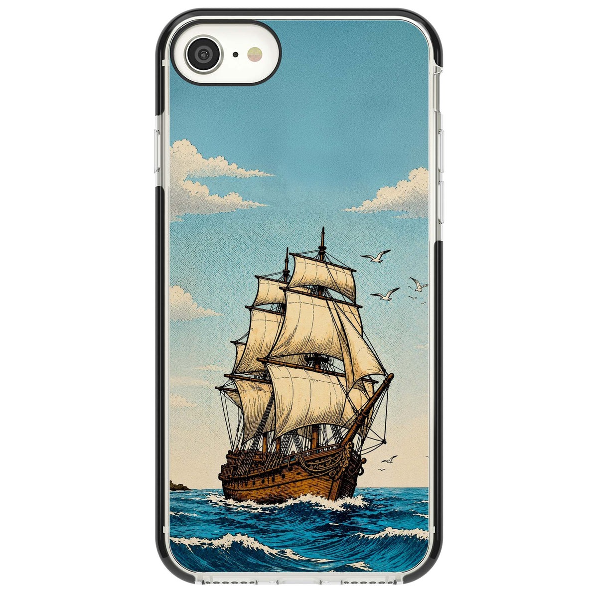 Ship at Sea nautical iPhone case featuring a vintage tall ship, ocean waves and seagulls | Black Impact case for iPhone SE