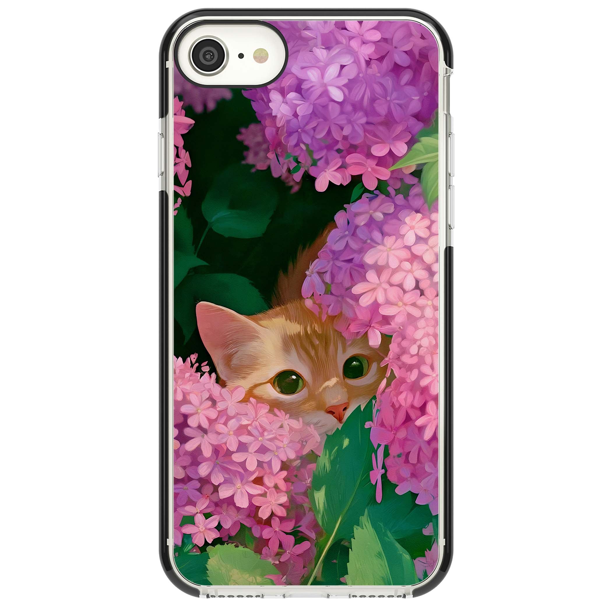 Cat In Pink Flowers cottagecore iPhone case featuring a ginger kitten peeking through lilac and pink hydrangea flo | Black Impact case for iPhone SE