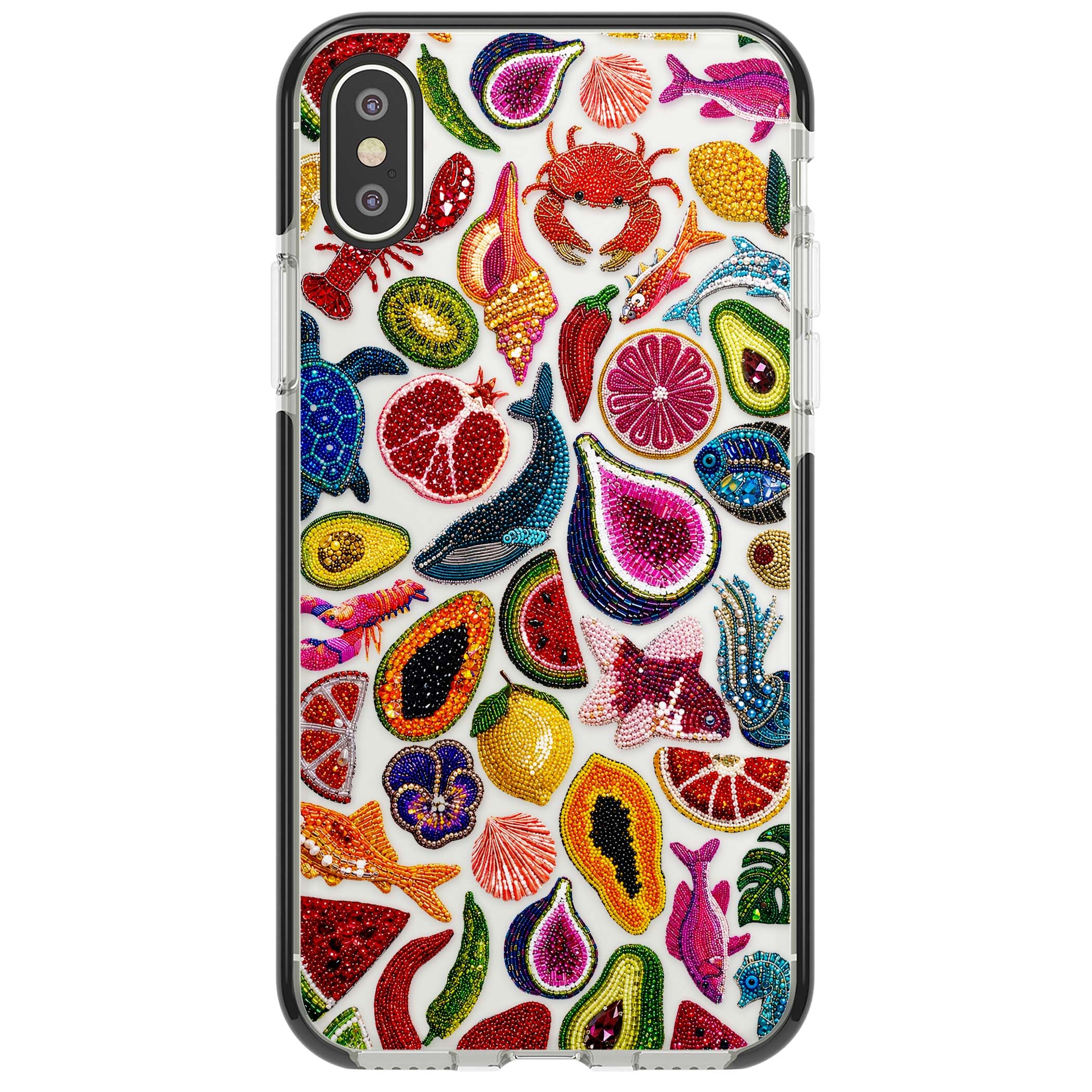 Beaded Tropic tropical iPhone case featuring beaded fruit, fish, crabs and seashells in vibrant colour | Black Impact case for iPhone X, iPhone XS Max, iPhone XR