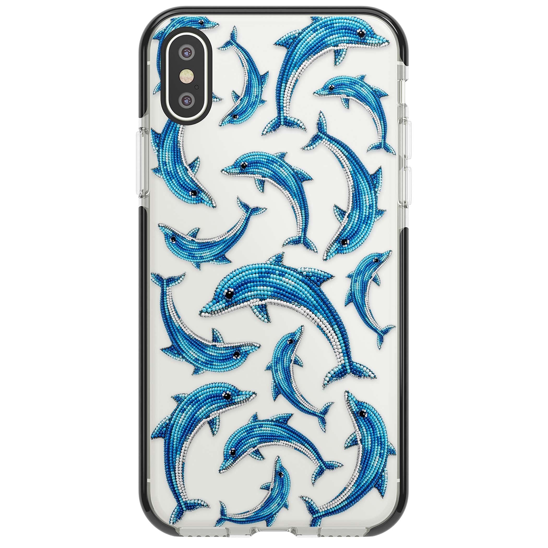 Beaded Dolphins coastal iPhone case featuring beaded dolphins in blue and white swimming across a clear background | Black Impact case for iPhone X, iPhone XS Max, iPhone XR