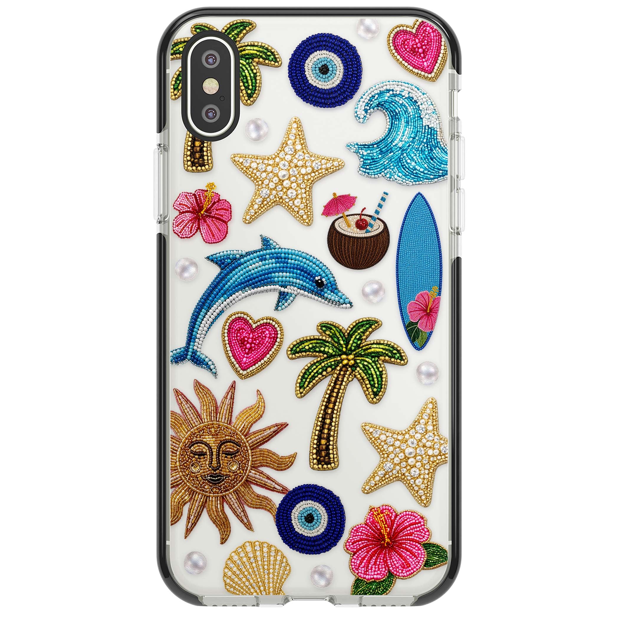 Beaded Beach coastal summer iPhone case featuring embroidered evil eye, hibiscus flowers, dolphin and palm tree patches | Black Impact case for iPhone X, iPhone XS Max, iPhone XR