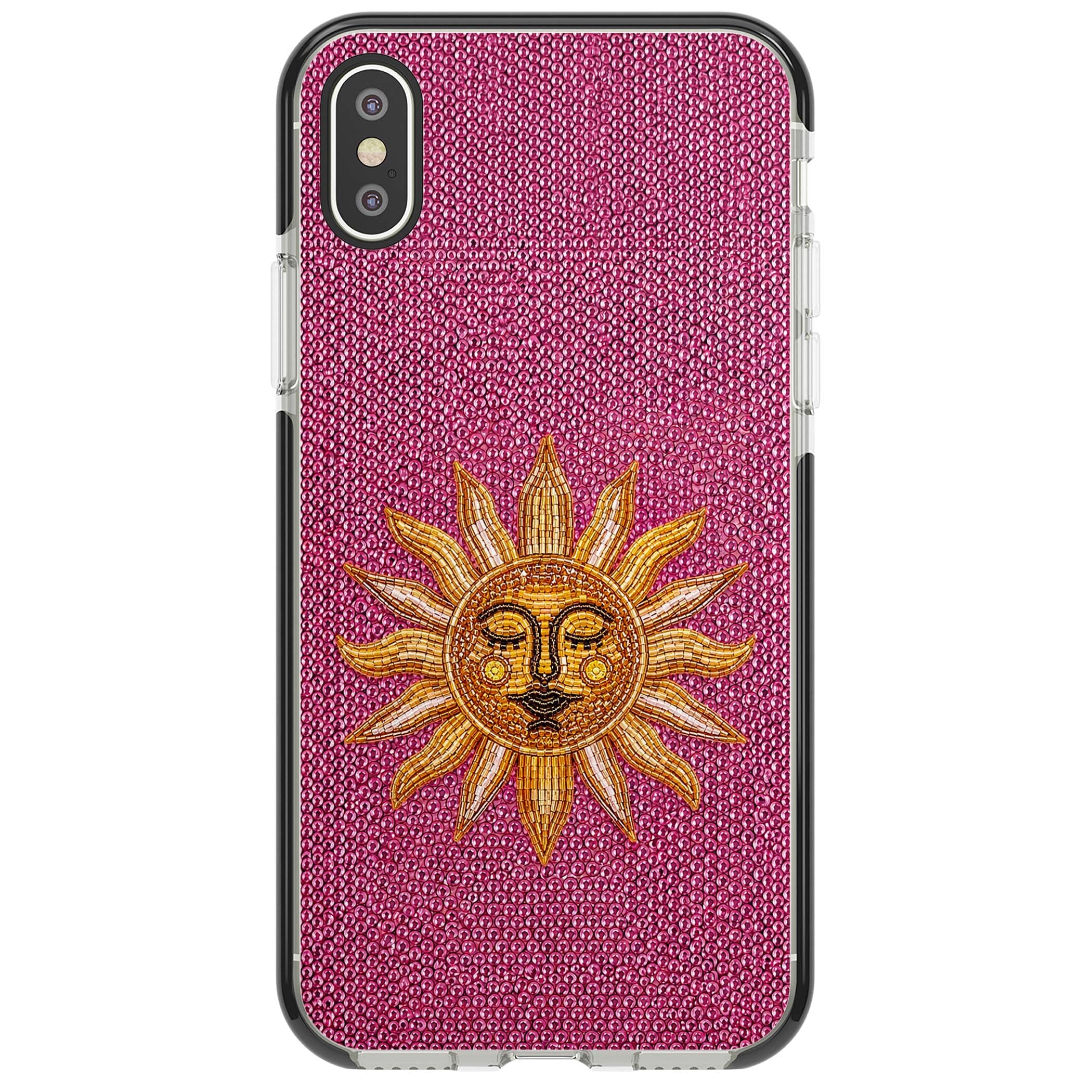 Beaded Sun celestial iPhone case featuring a golden beaded sun face with radiant rays on hot pink beaded background | Black Impact case for iPhone X, iPhone XS Max, iPhone XR