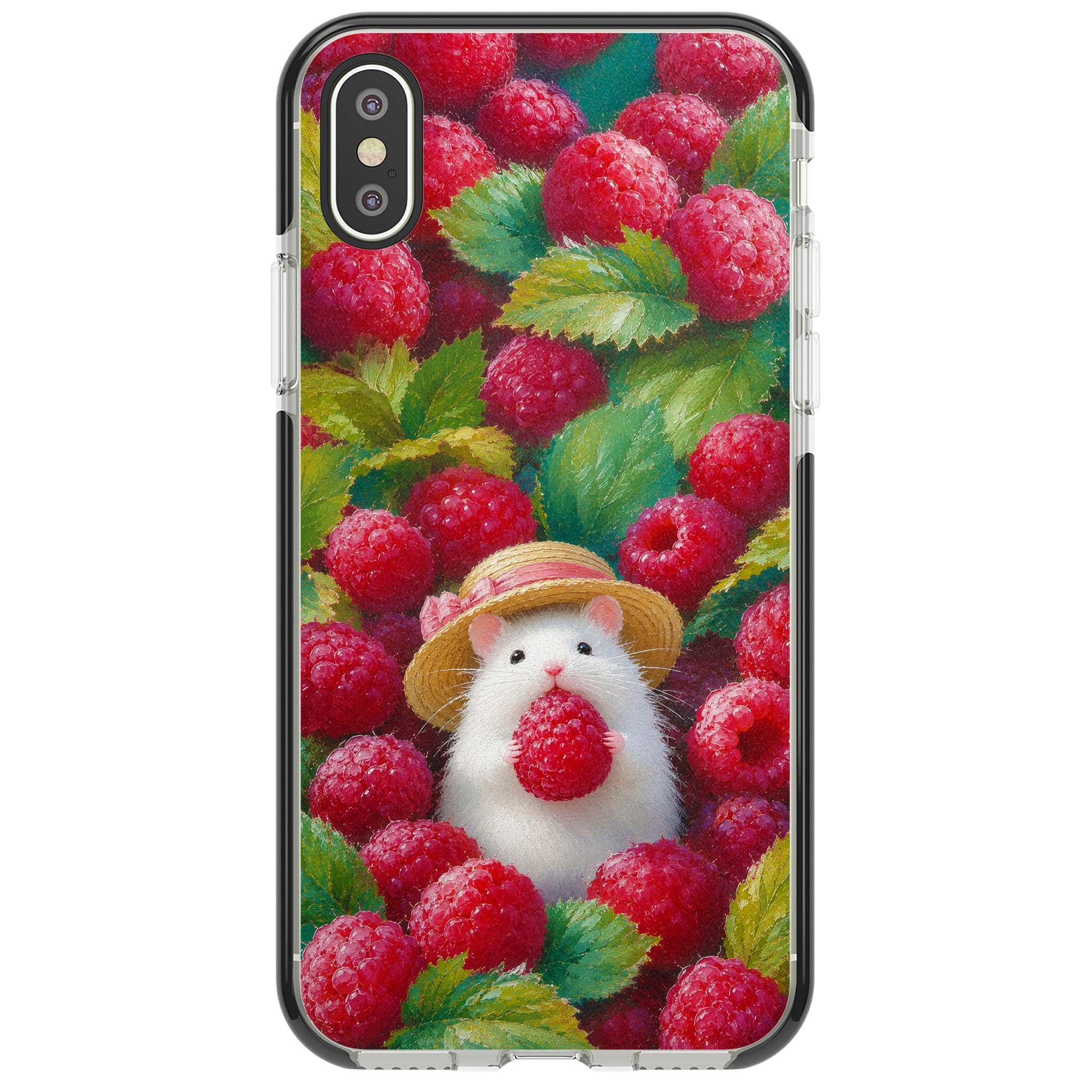 Berry Forager cottagecore iPhone case featuring a white hamster in a straw hat holding a raspberry surrounded by ripe ber | Black Impact case for iPhone X, iPhone XS Max, iPhone XR