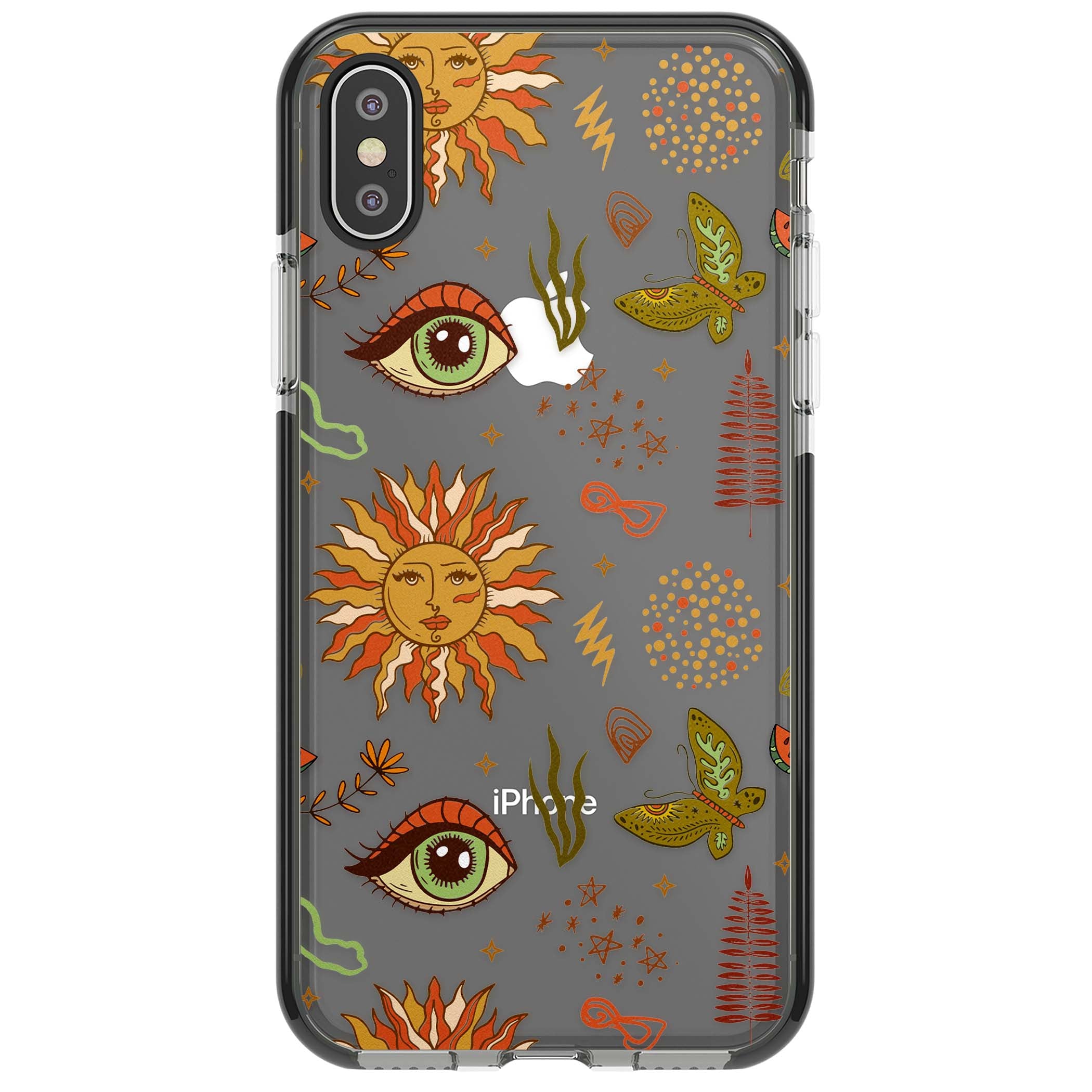 Elevate Your Phone'S Style With This Boho Celestial Sun & Eye Phone Case, Featuring A Mystical Blend Of Suns, All-Seeing Eyes, Butterflies, Stars, And