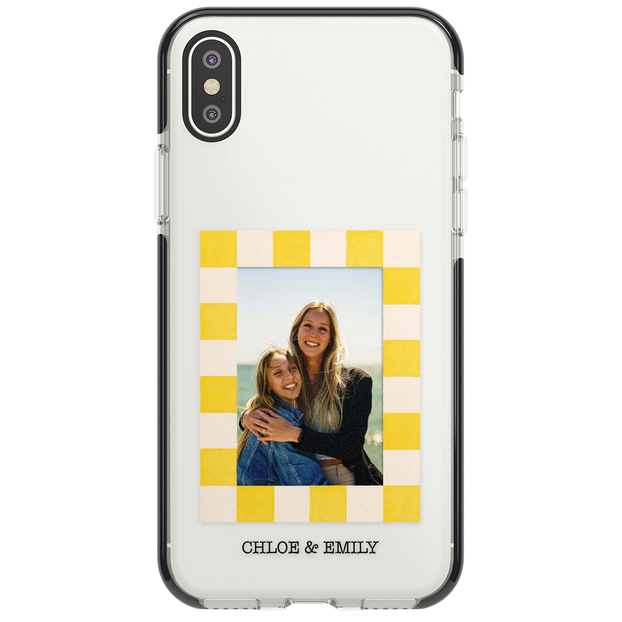 Yellow Check Photo personalised iPhone case with yellow checkered Polaroid frame and custom names beneath | Black Impact case for iPhone X, iPhone XS Max, iPhone XR
