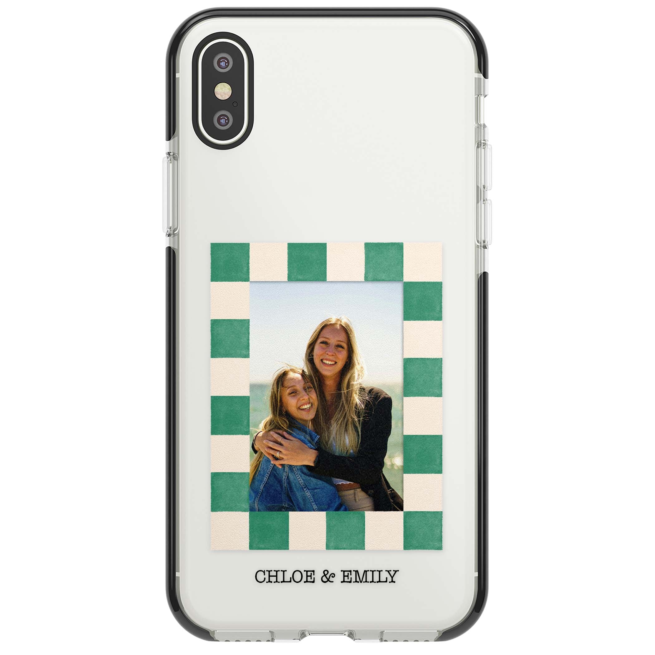 Seafoam Check Photo personalised iPhone case featuring a custom polaroid photo, green and cream checkered frame, and custom n | Black Impact case for iPhone X, iPhone XS Max, iPhone XR