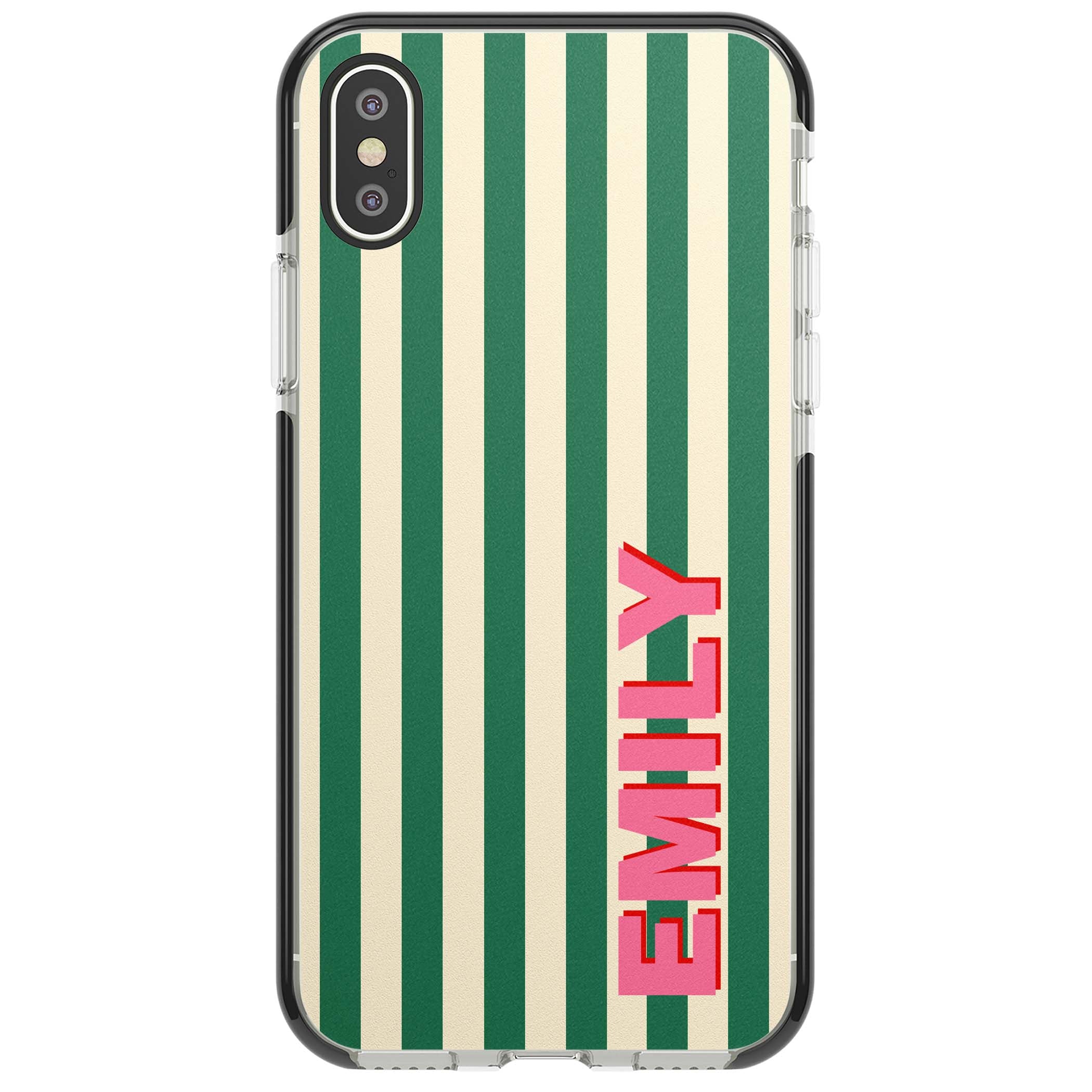 Wimbledon Stripe preppy iPhone case featuring green and cream vertical stripes with a personalised pink name | Black Impact case for iPhone X, iPhone XS Max, iPhone XR