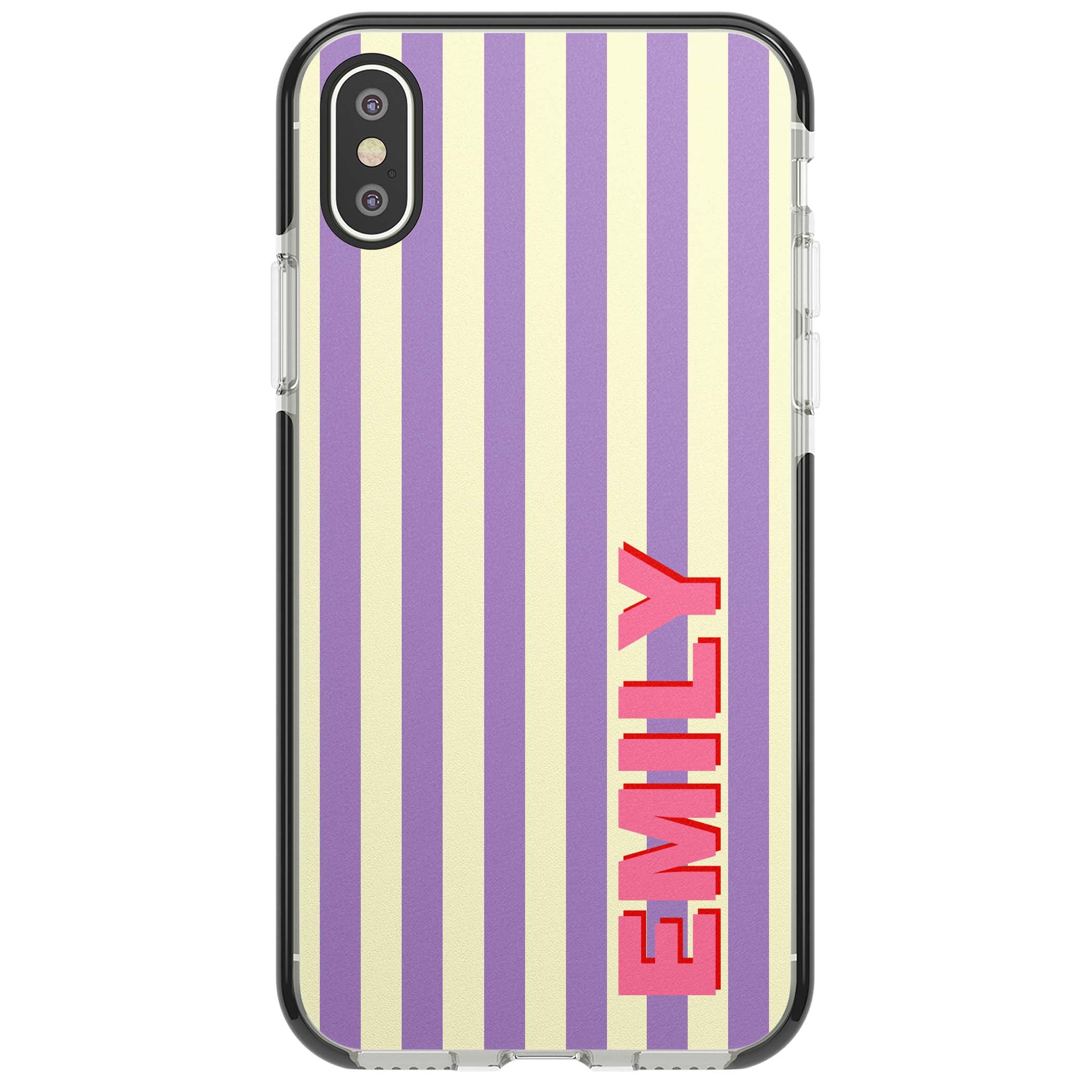Valensole Stripe personalised iPhone case with purple and cream vertical stripes and pink custom name | Black Impact case for iPhone X, iPhone XS Max, iPhone XR