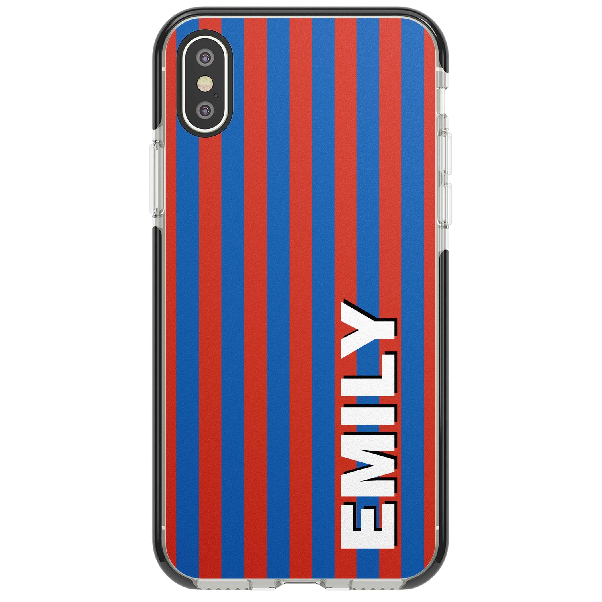 Cuban Stripe personalised iPhone case featuring red and blue vertical stripes with custom name in bold white letters | Black Impact case for iPhone X, iPhone XS Max, iPhone XR