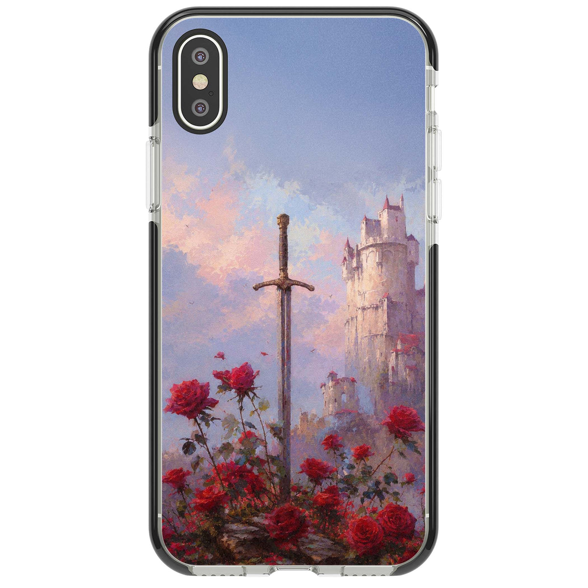 Sword in Roses medieval art iPhone case featuring a sword, red roses, and a misty fairytale castle at sunset | Black Impact case for iPhone X, iPhone XS Max, iPhone XR