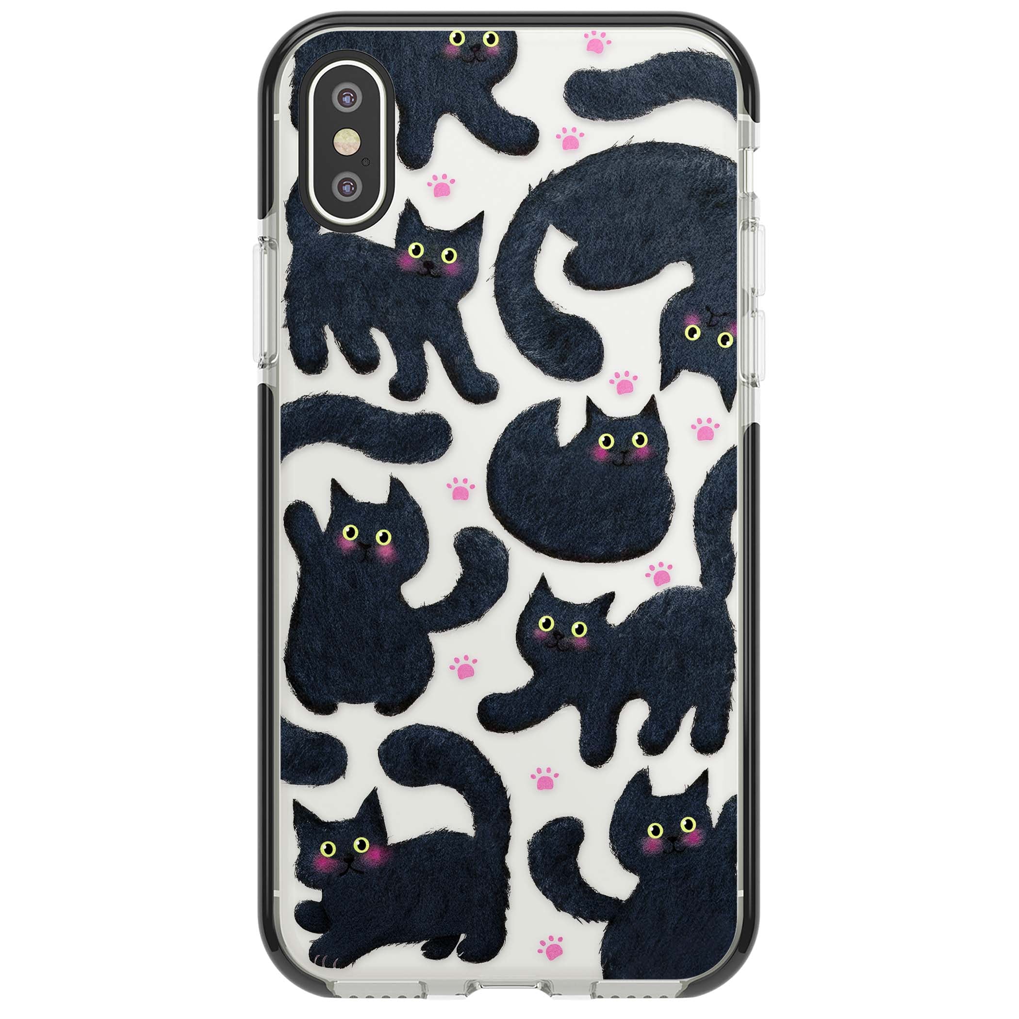 Midnight Cats cute iPhone case featuring black cat pattern with yellow eyes and pink paw prints | Black Impact case for iPhone X, iPhone XS Max, iPhone XR
