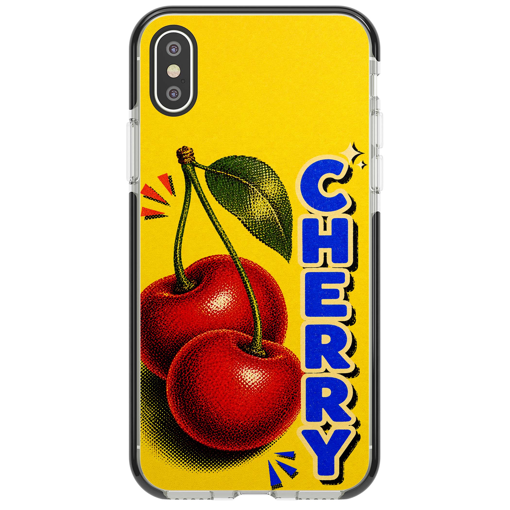 Cherry Yellow y2k iPhone case featuring two red cherries, halftone shading and bold blue CHERRY lettering on yellow | Black Impact case for iPhone X, iPhone XS Max, iPhone XR