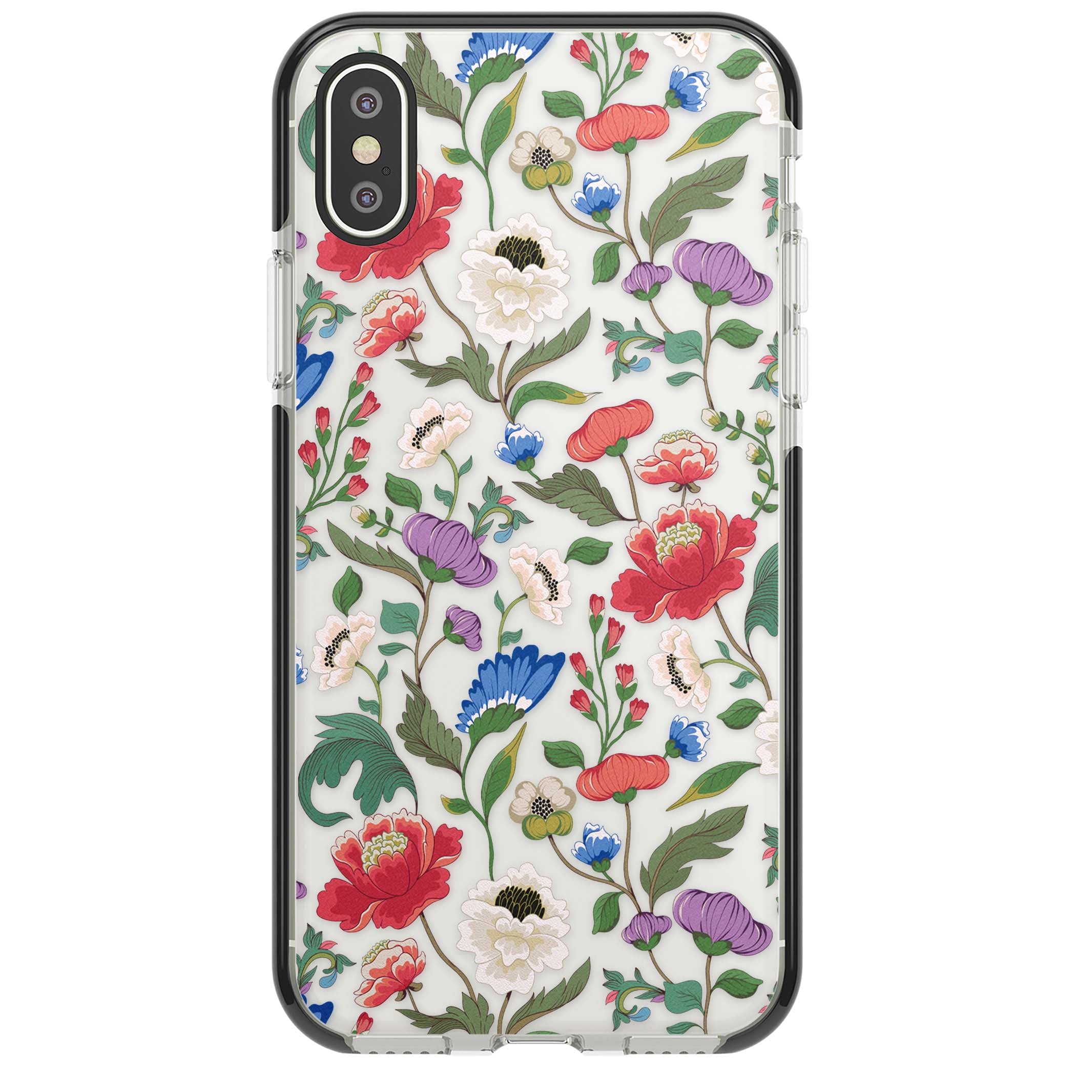 Chinoiserie Bloom vintage floral iPhone case featuring hand-painted peonies, poppies and trailing wildflowers on clear... | Black Impact case for iPhone X, iPhone XS Max, iPhone XR