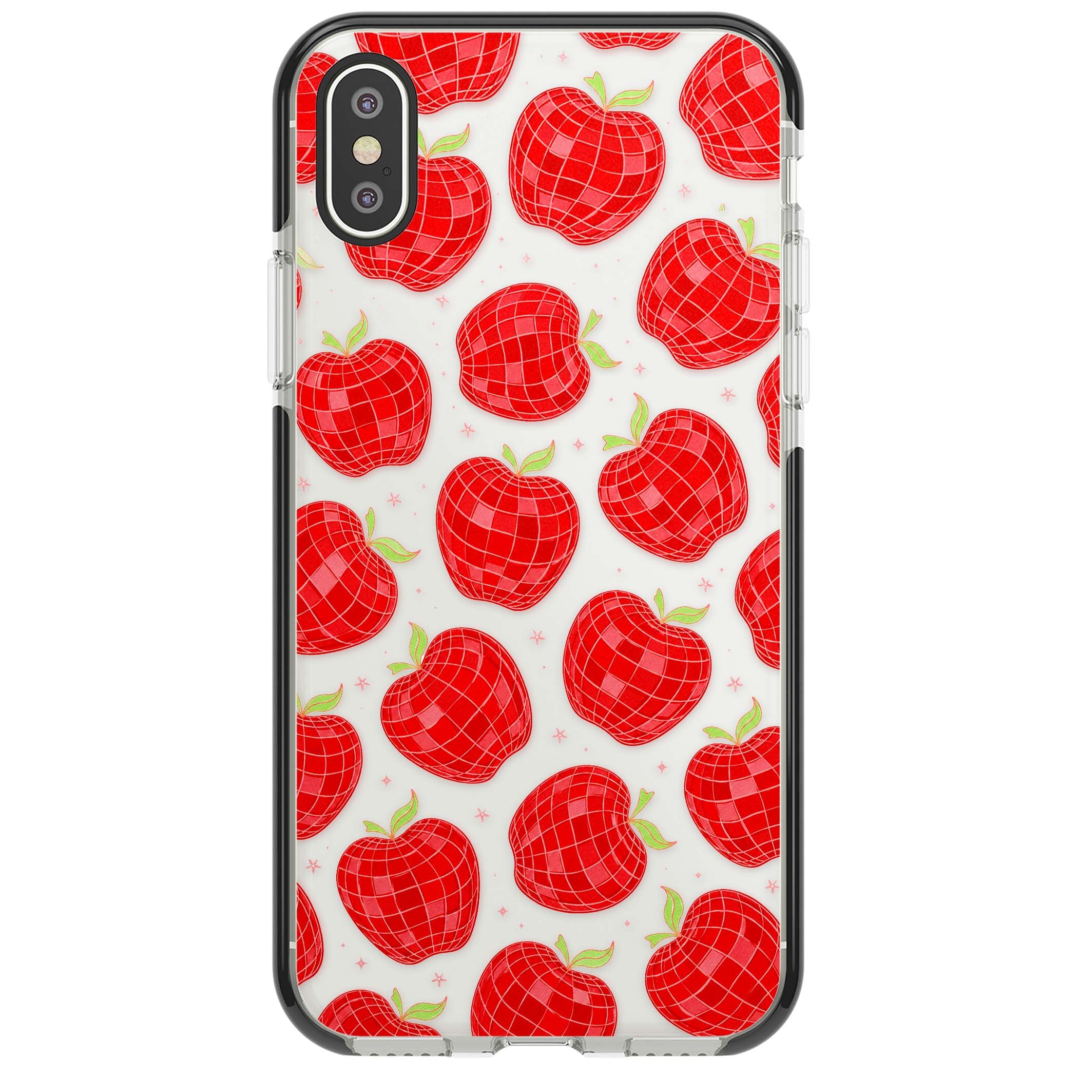 Disco Apples Y2K iPhone case featuring red disco ball apples, green leaves and pink sparkles on clear | Black Impact case for iPhone X, iPhone XS Max, iPhone XR