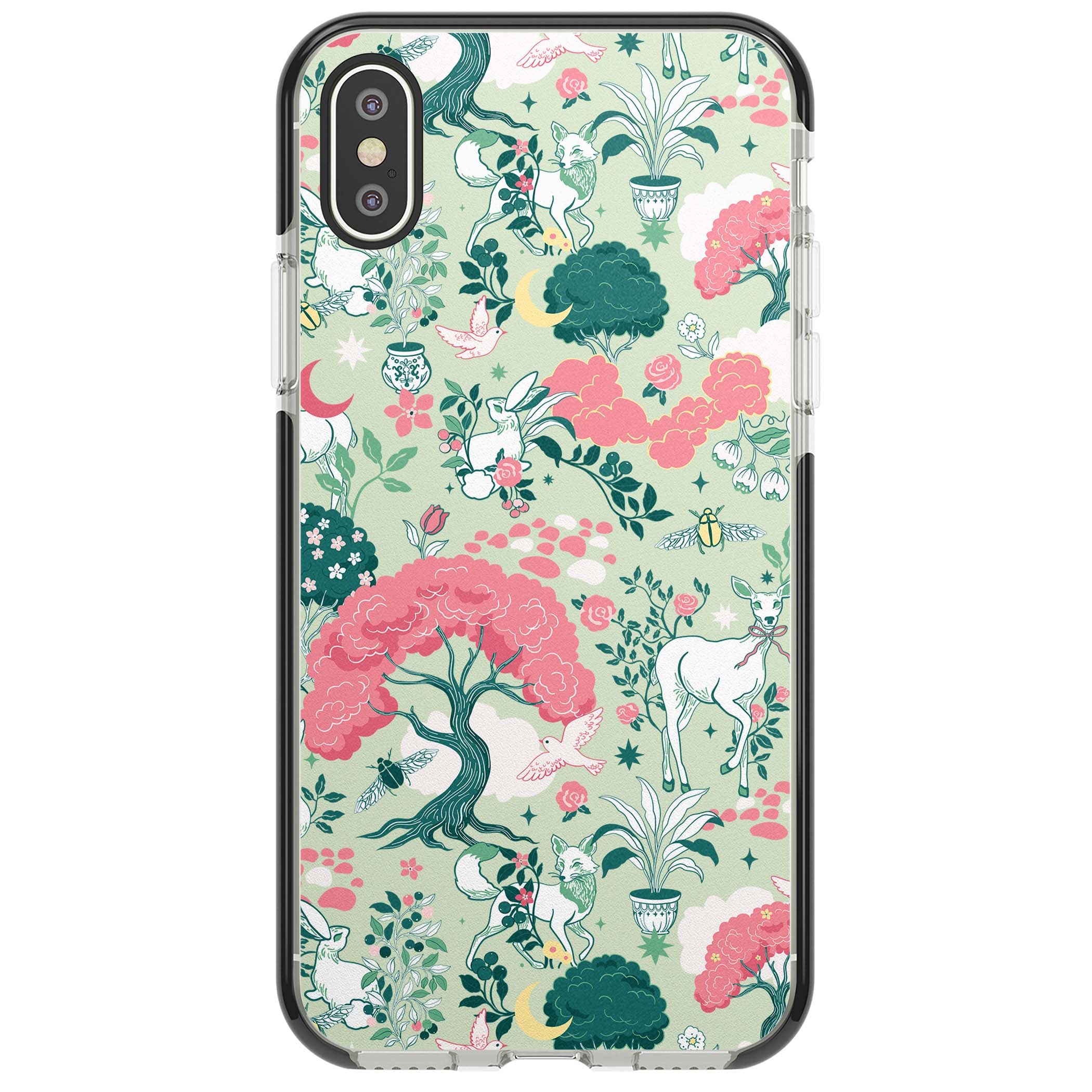 Enchanted Woodland cottagecore iPhone case featuring white deer, pink roses, mushrooms and woodland animals on sage green | Black Impact case for iPhone X, iPhone XS Max, iPhone XR