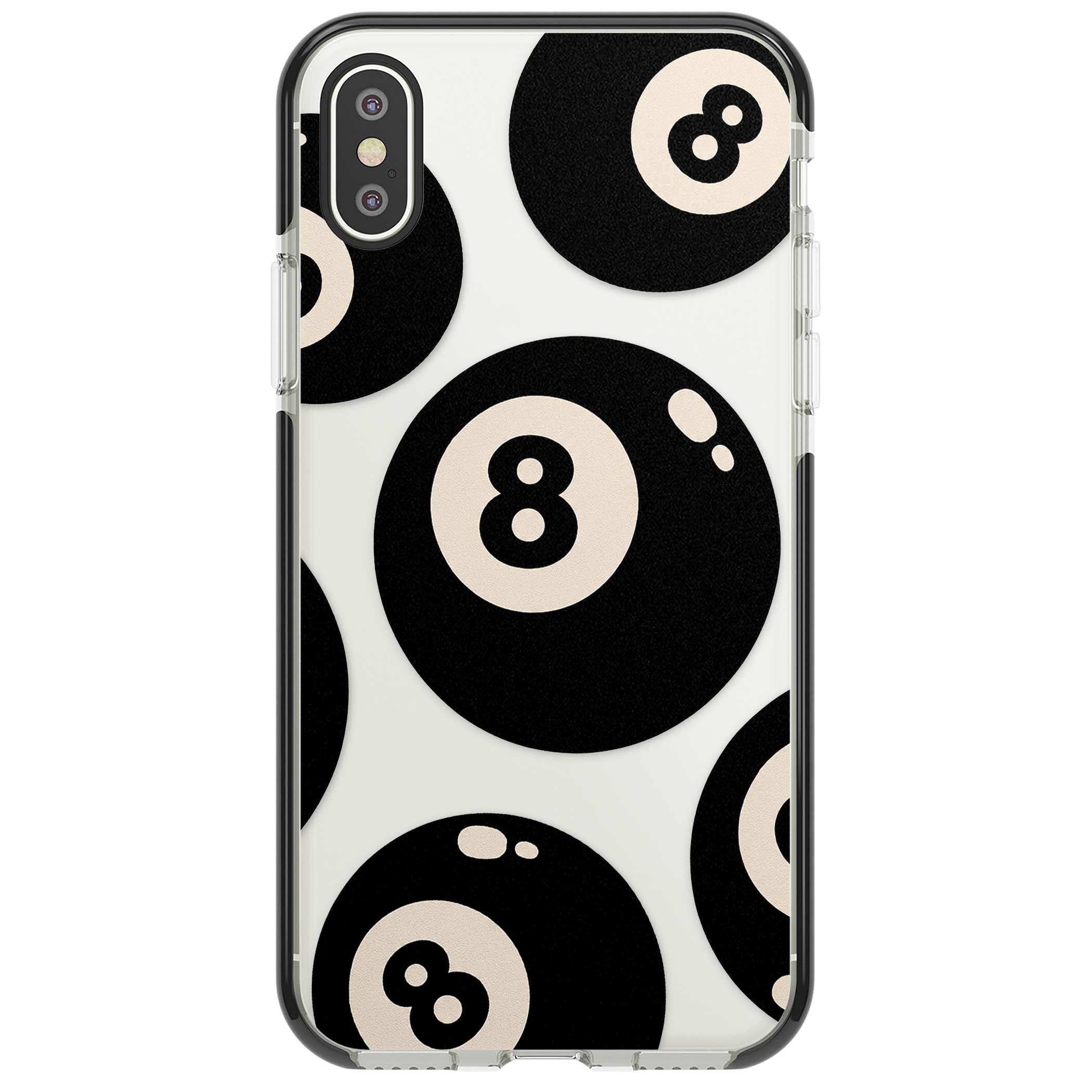 Eights y2k iPhone case featuring scattered black 8 balls with cream highlights on a clear background | Black Impact case for iPhone X, iPhone XS Max, iPhone XR