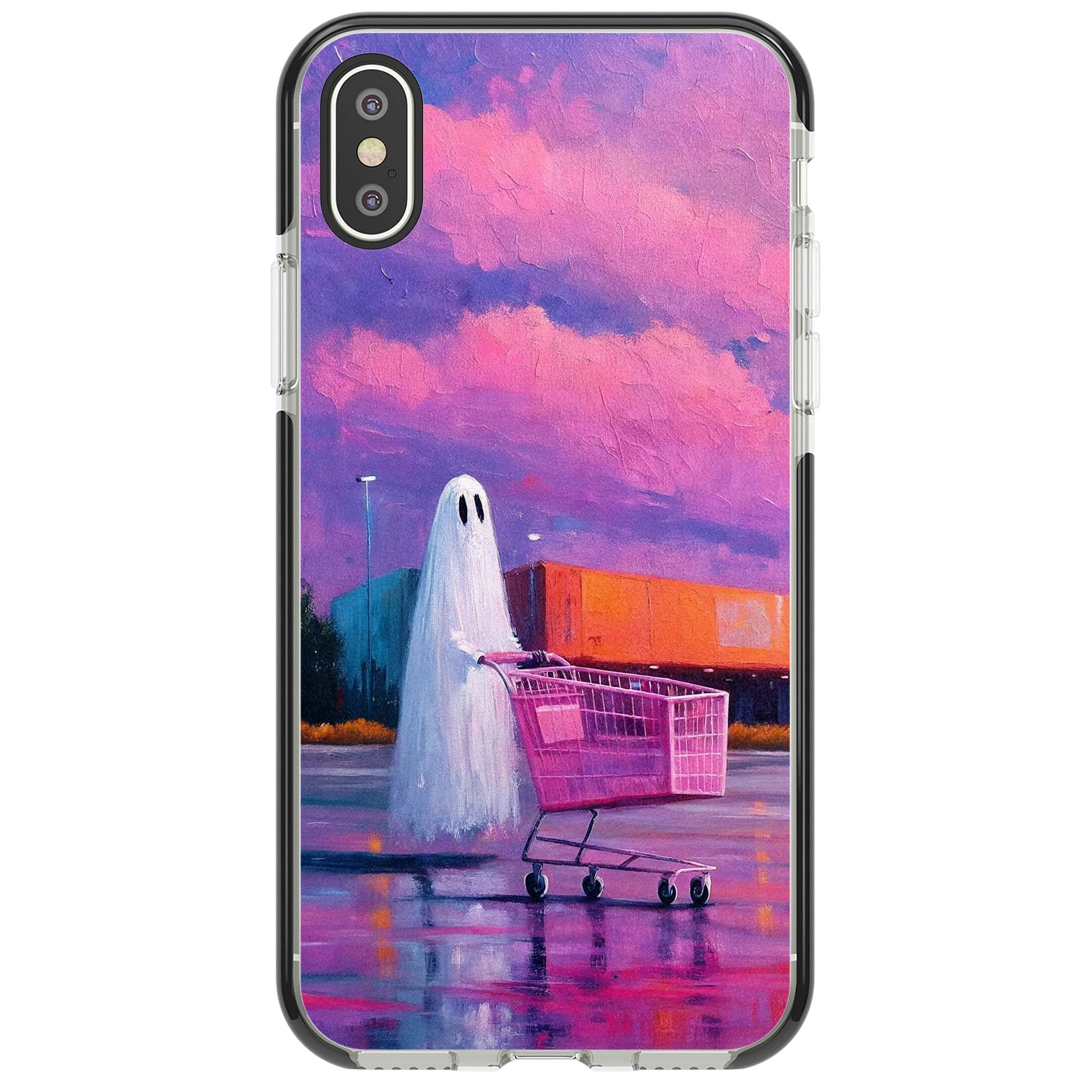 A Ghost's Errand ghost halloween iPhone case featuring a painted ghost, pink shopping trolley and purple sunset sky | Black Impact case for iPhone X, iPhone XS Max, iPhone XR