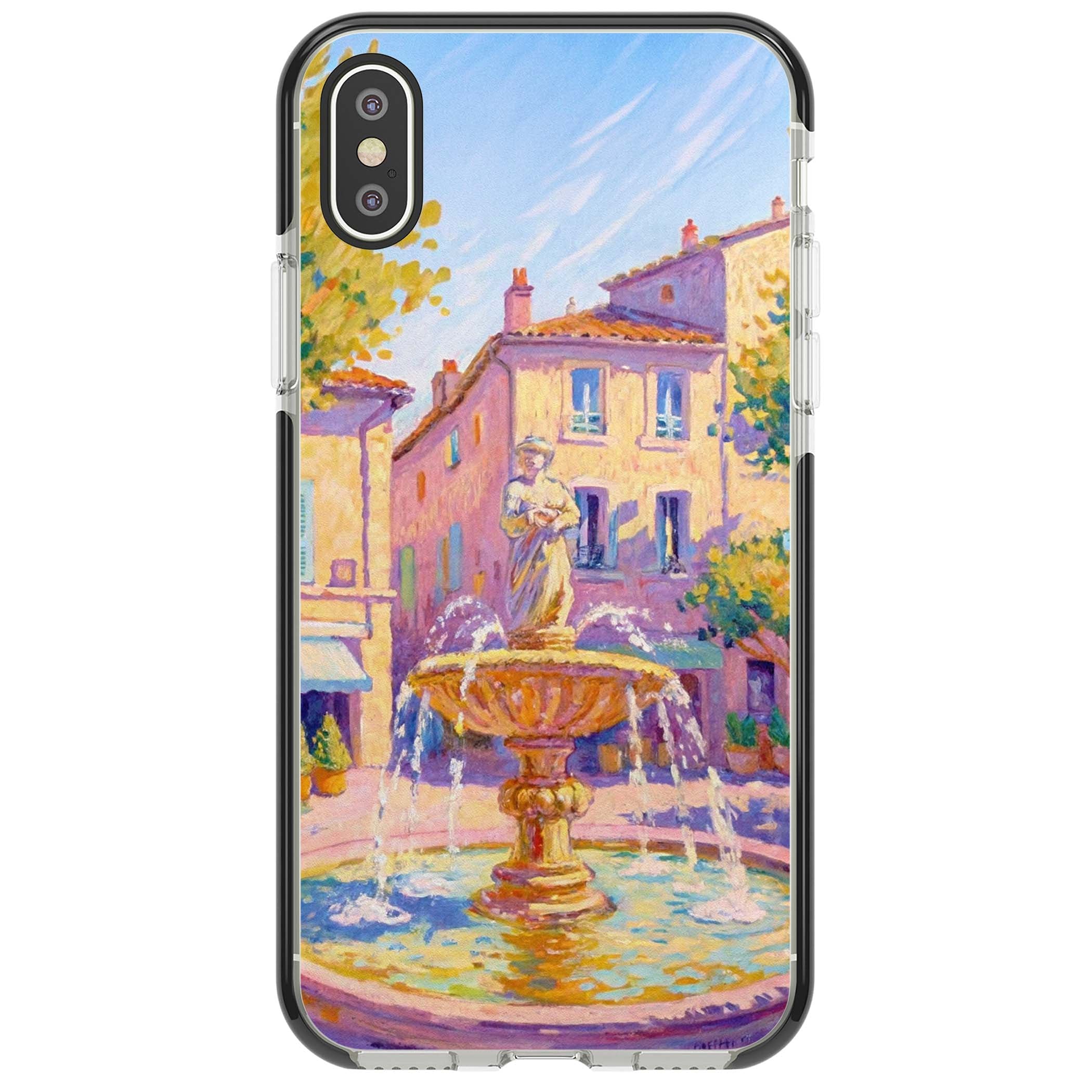 Fountain Square fine art iPhone case featuring an impressionist Provençal fountain, pastel village buildings and summe | Black Impact case for iPhone X, iPhone XS Max, iPhone XR