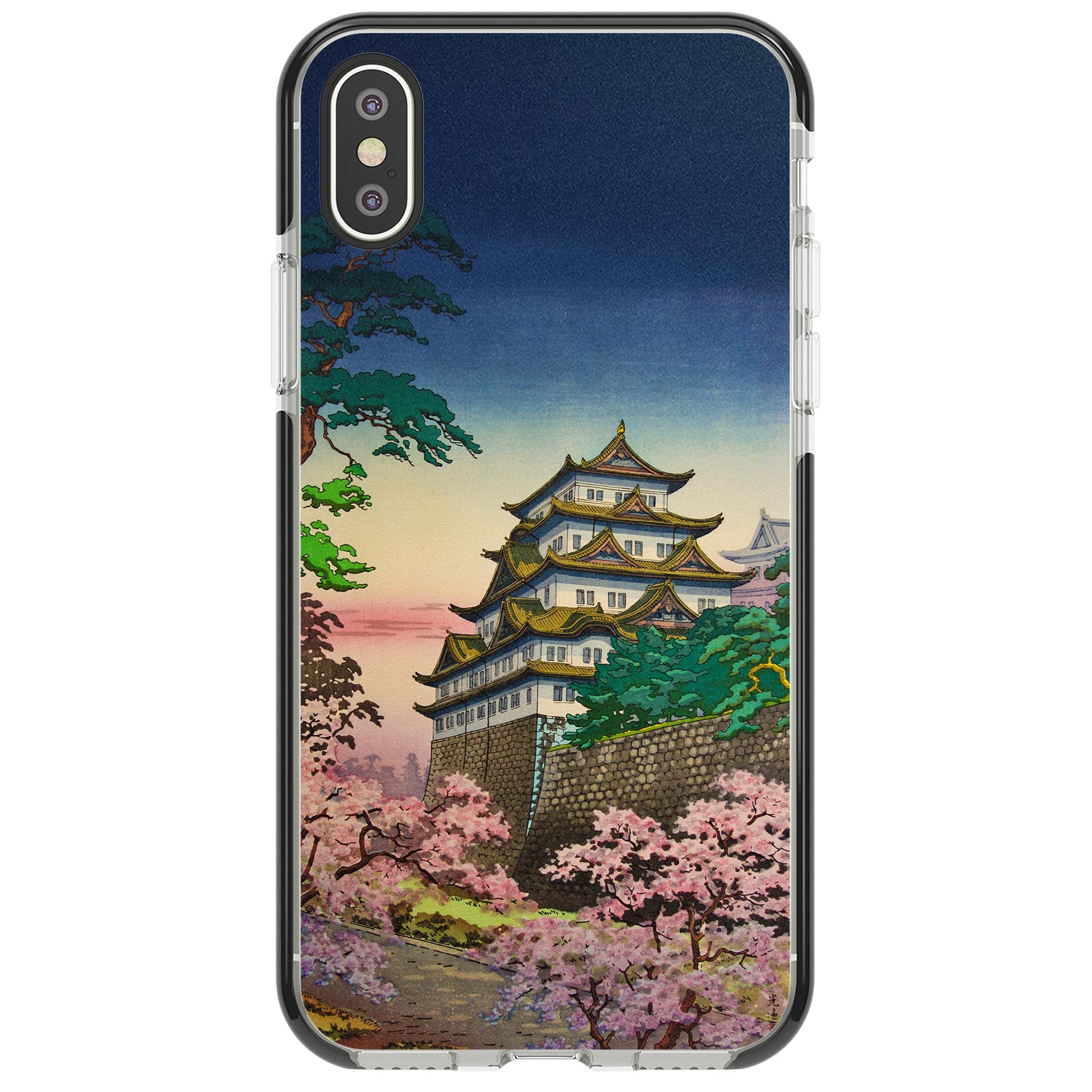 Nagoya Castle Japanese iPhone case featuring a vintage pagoda, twilight sky and cherry blossom trees | Black Impact case for iPhone X, iPhone XS Max, iPhone XR