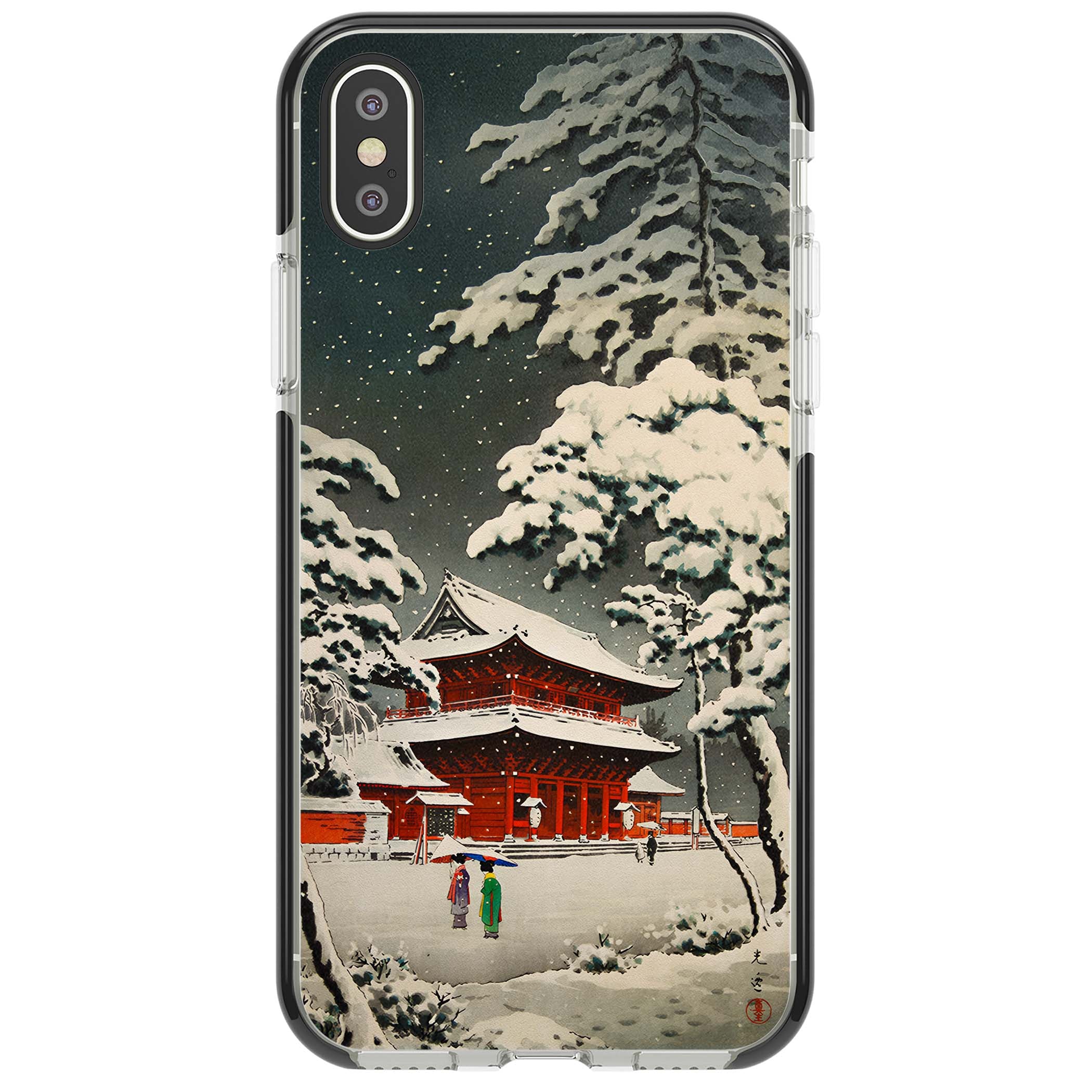 Snow at Shiha Park, Tokyo Japanese art iPhone case featuring a vintage ukiyo-e snowy temple, red pagoda, and snow-covered pin | Black Impact case for iPhone X, iPhone XS Max, iPhone XR