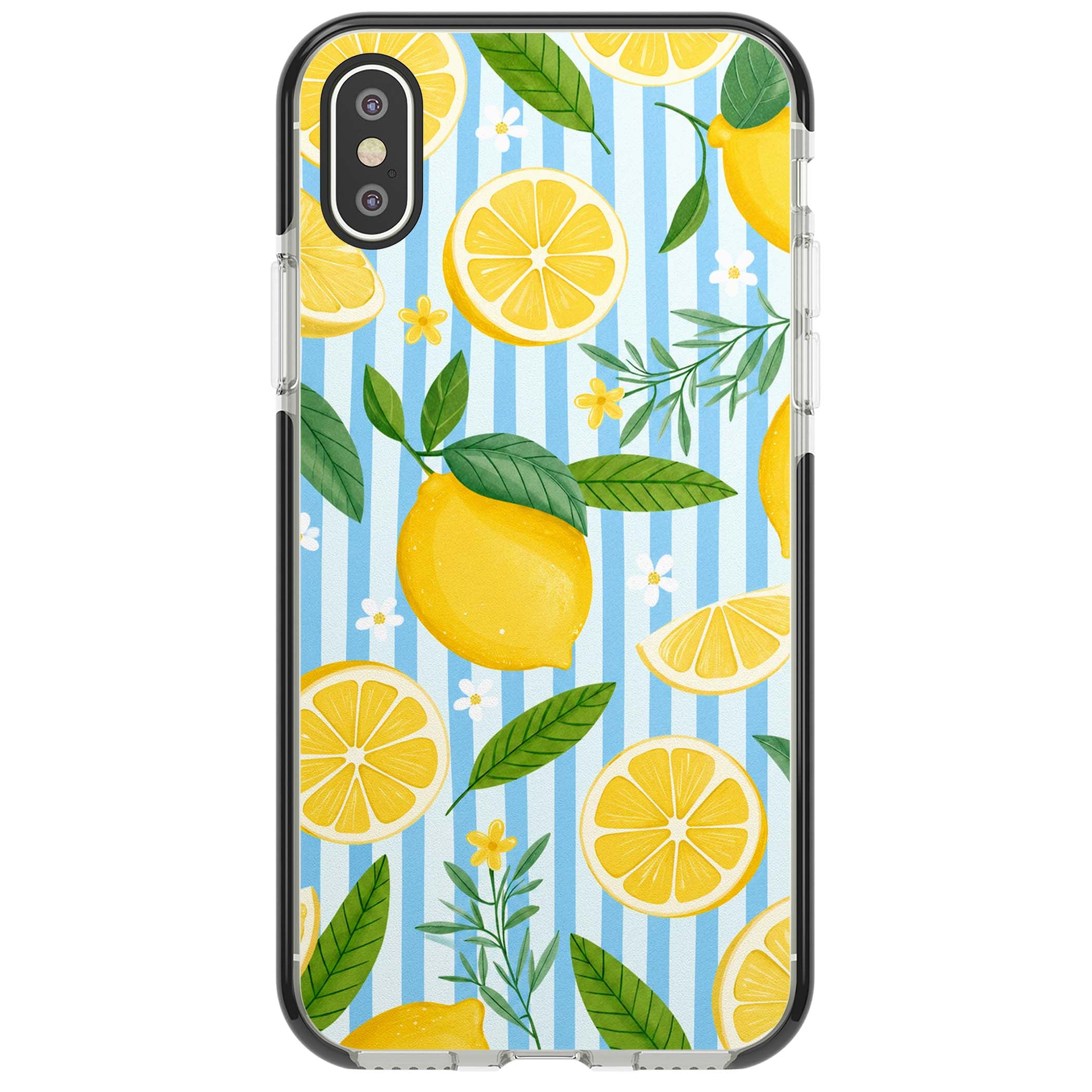 Capri Citrus Stripe coastal iPhone case featuring yellow lemons, blue stripes, and white daisy blossoms | Black Impact case for iPhone X, iPhone XS Max, iPhone XR