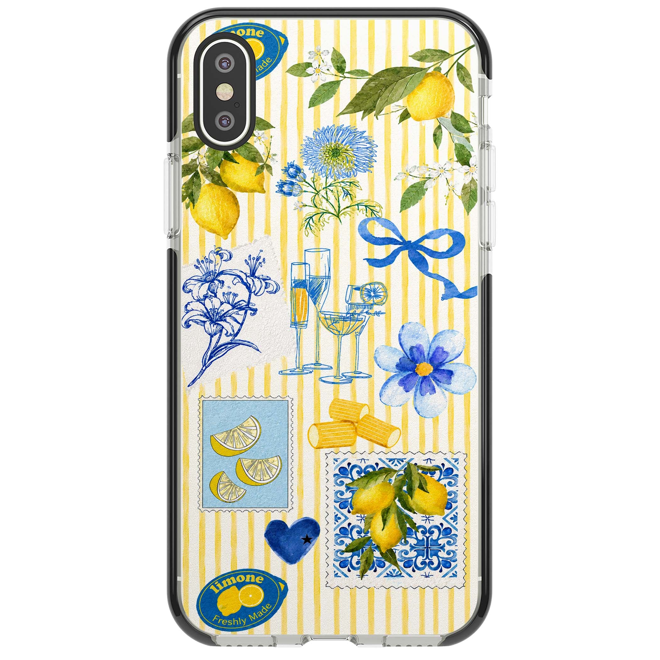 Limone Riviera Italian summer iPhone case featuring watercolour lemons, blue ribbon bows and majolica tile stamps on... | Black Impact case for iPhone X, iPhone XS Max, iPhone XR