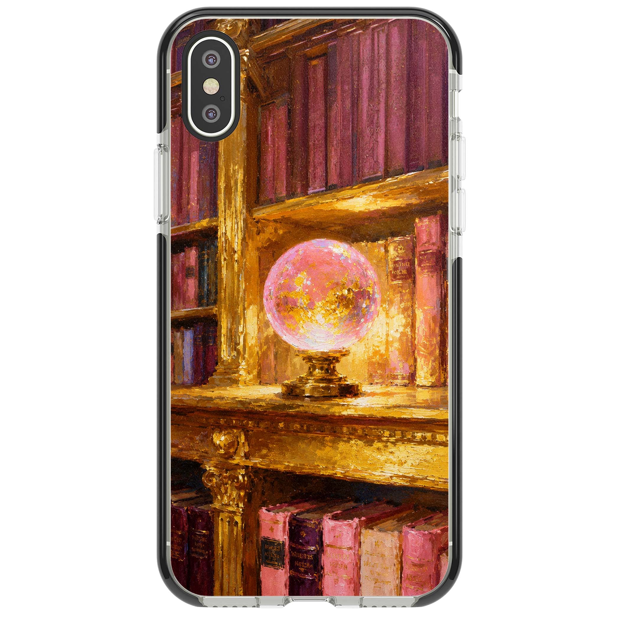 Gilded Library dark academia iPhone case featuring an oil painted crystal ball on a gilded library shelf with vintage | Black Impact case for iPhone X, iPhone XS Max, iPhone XR
