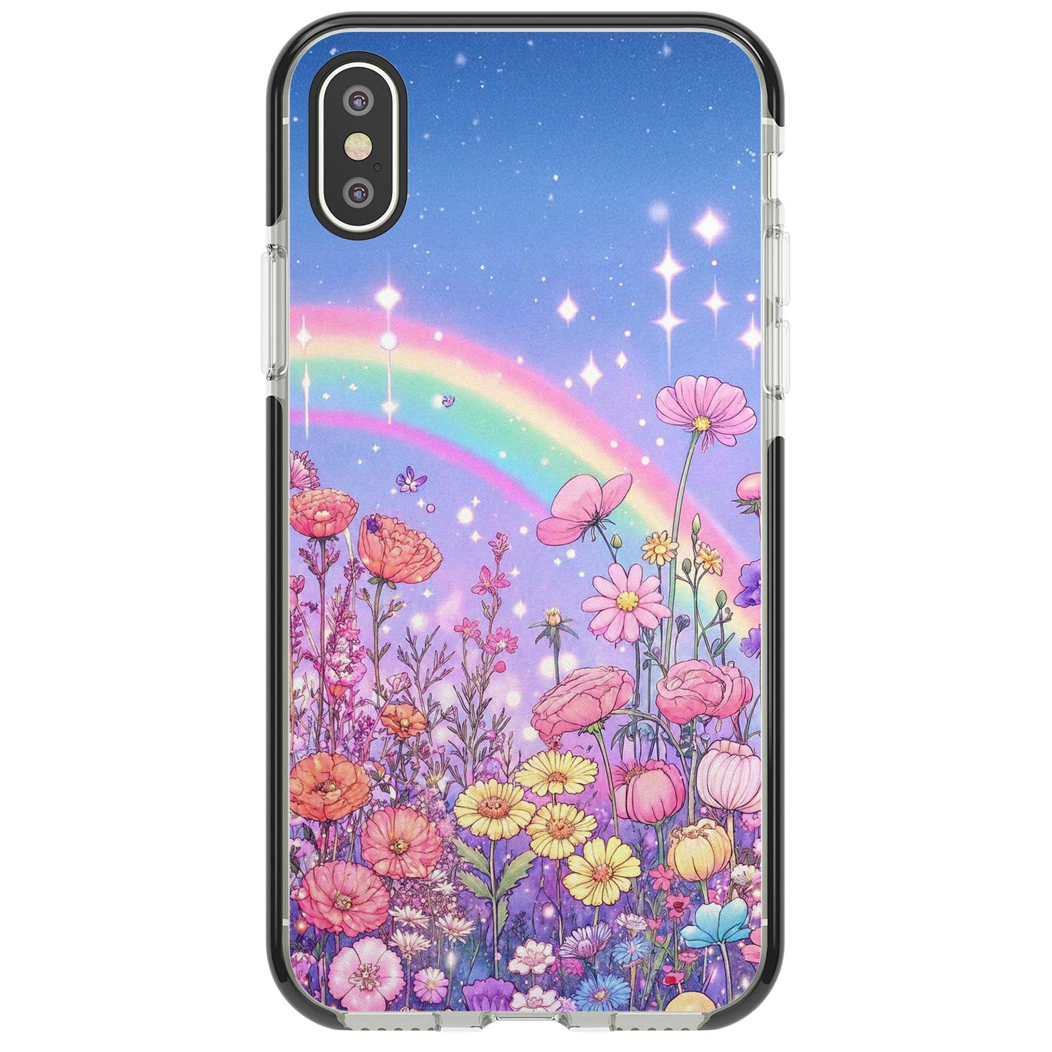 Magical Meadow fairycore iPhone case featuring a pastel rainbow, sparkling stars and a wildflower meadow | Black Impact case for iPhone X, iPhone XS Max, iPhone XR