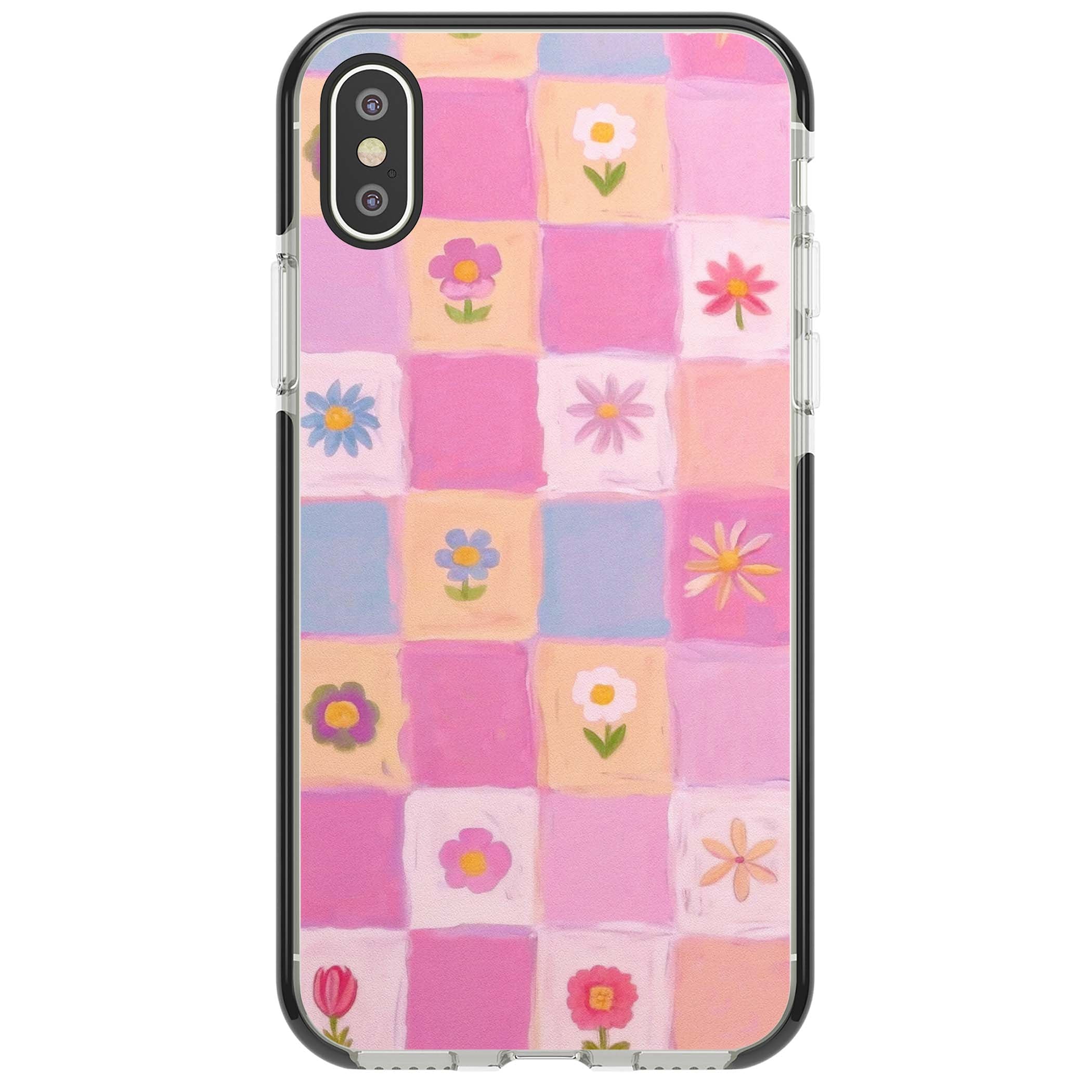 Pastel Flower Patchwork cottagecore iPhone case featuring painted pink and lilac squares with daisies and wildflowers | Black Impact case for iPhone X, iPhone XS Max, iPhone XR