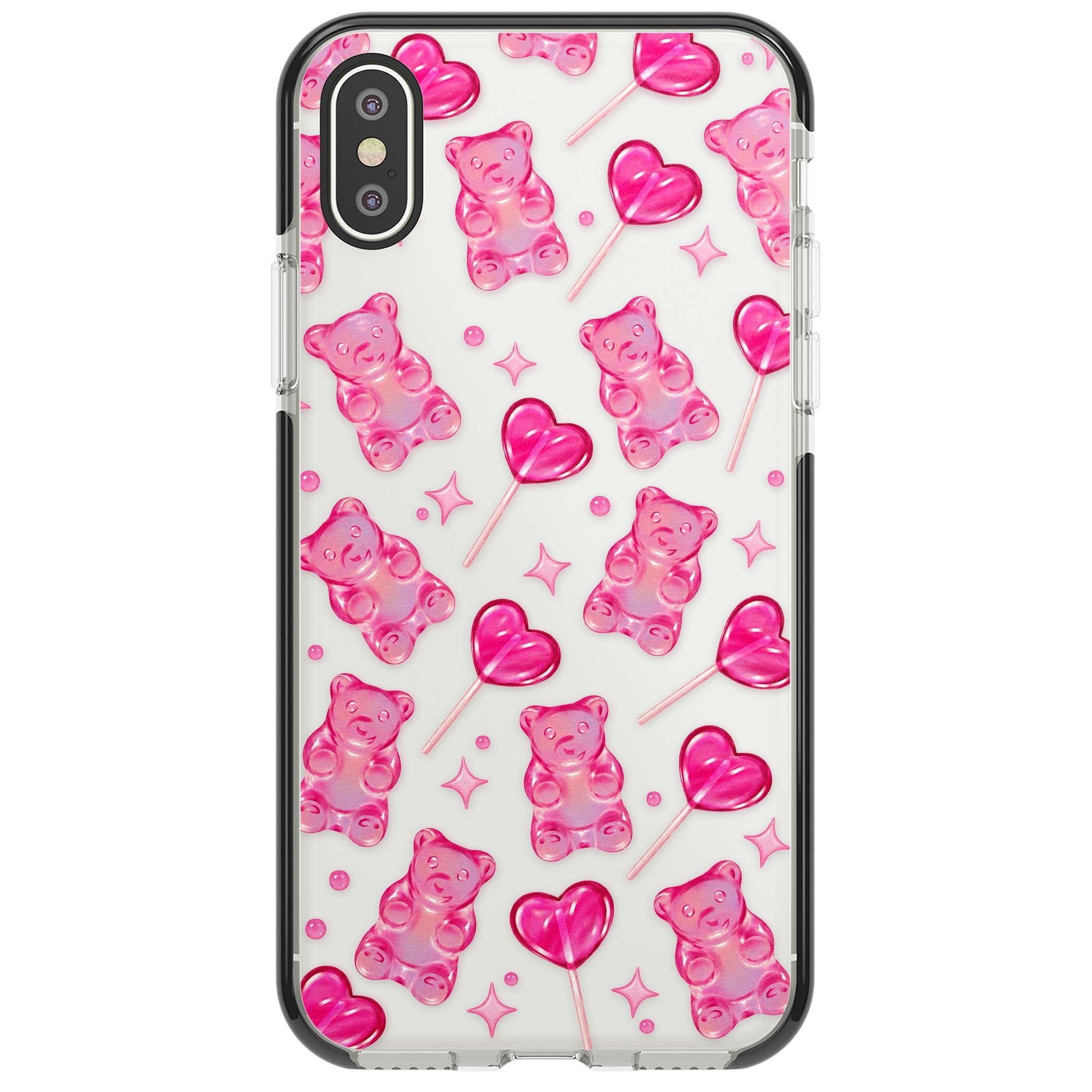 Pink Sugar pinkcore iPhone case featuring pink gummy bears, heart-shaped lollipops and sparkle stars | Black Impact case for iPhone X, iPhone XS Max, iPhone XR