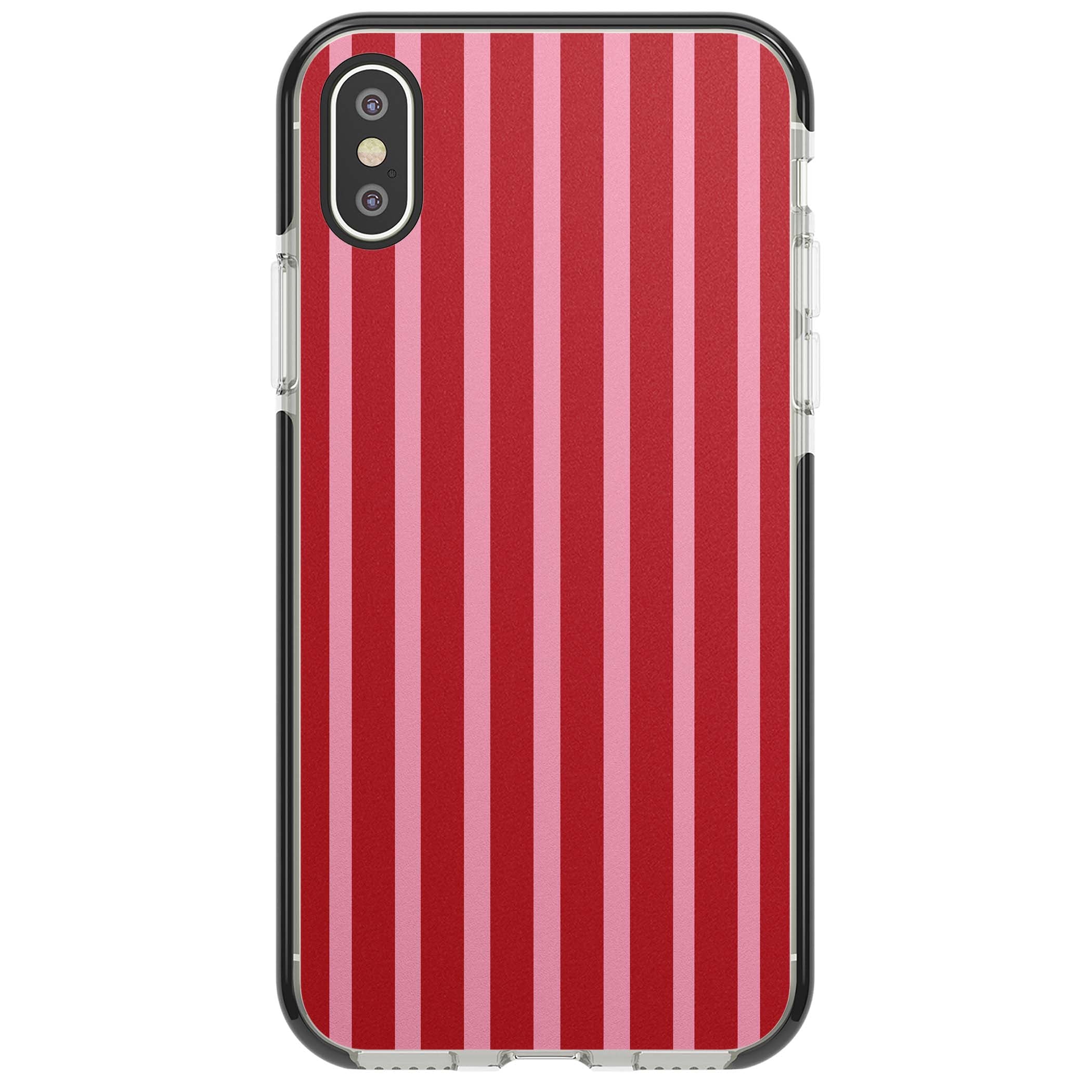 Raspberry Stripe coquette iPhone case featuring red and pink vertical stripes in a candy-inspired pattern | Black Impact case for iPhone X, iPhone XS Max, iPhone XR