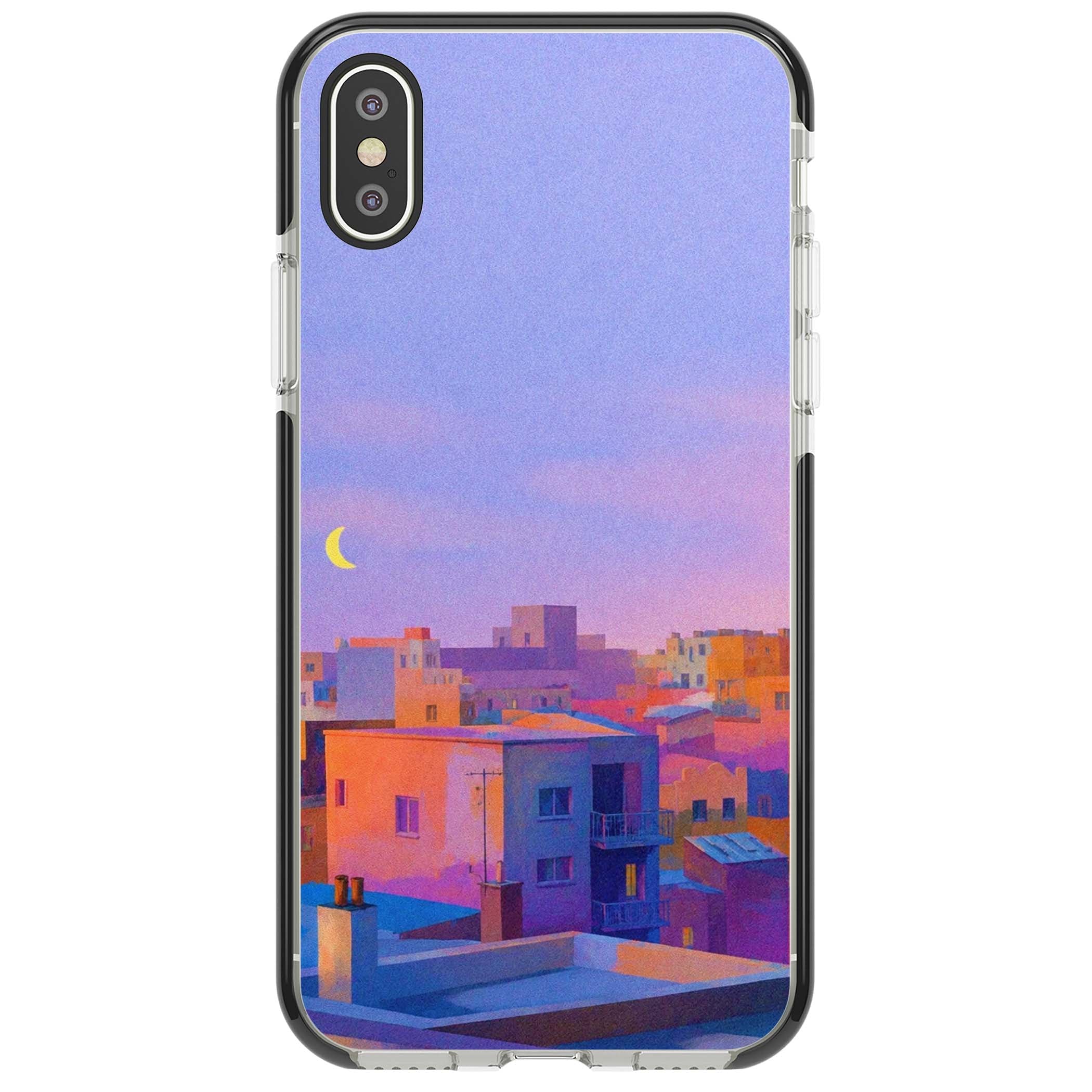 Twilight Rooftops vaporwave iPhone case featuring a pastel sunset cityscape, painted rooftops and a crescent moon. | Black Impact case for iPhone X, iPhone XS Max, iPhone XR