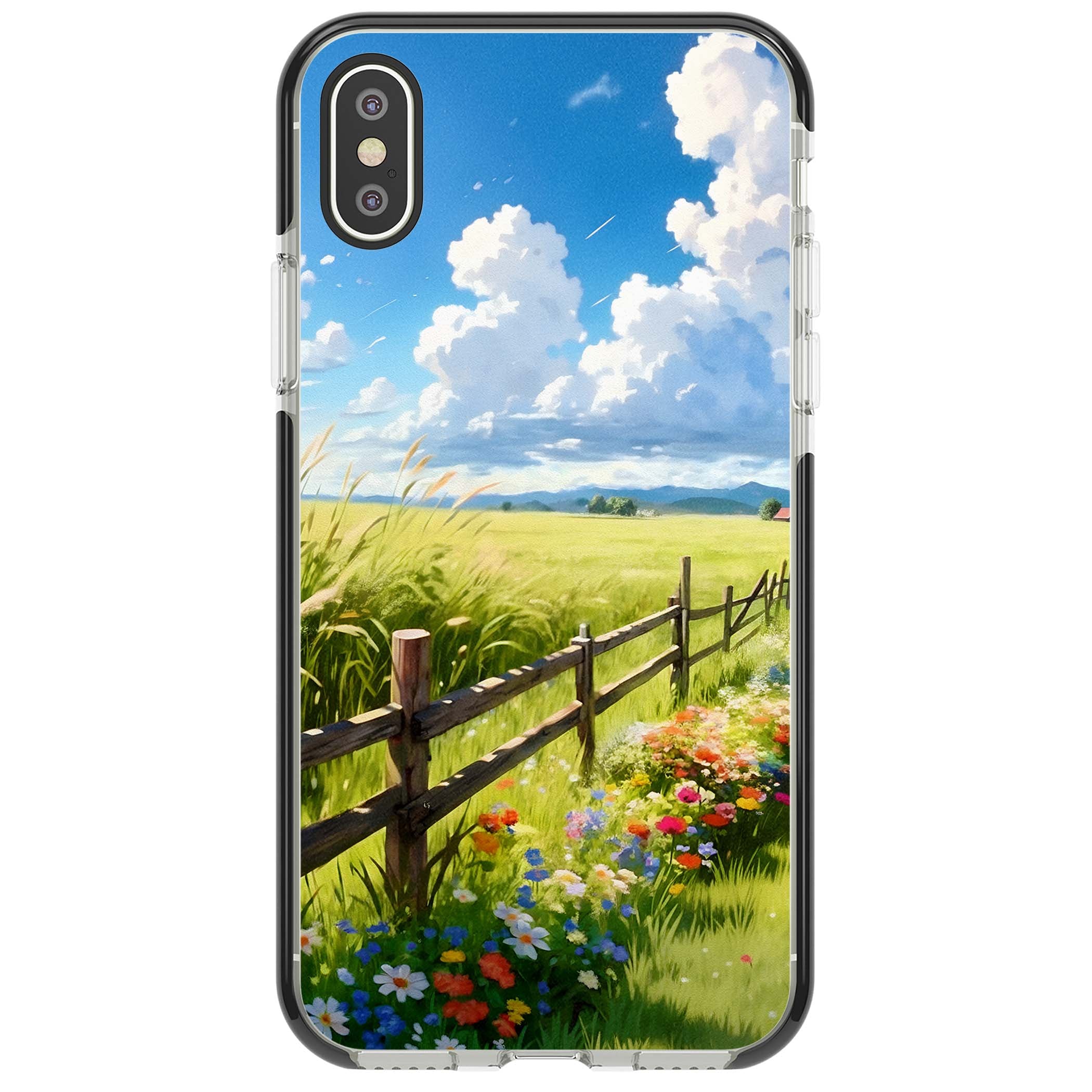 A Countryside Afternoon cottagecore iPhone case featuring a painted countryside meadow, wooden fence, and wildflowers beneath | Black Impact case for iPhone X, iPhone XS Max, iPhone XR