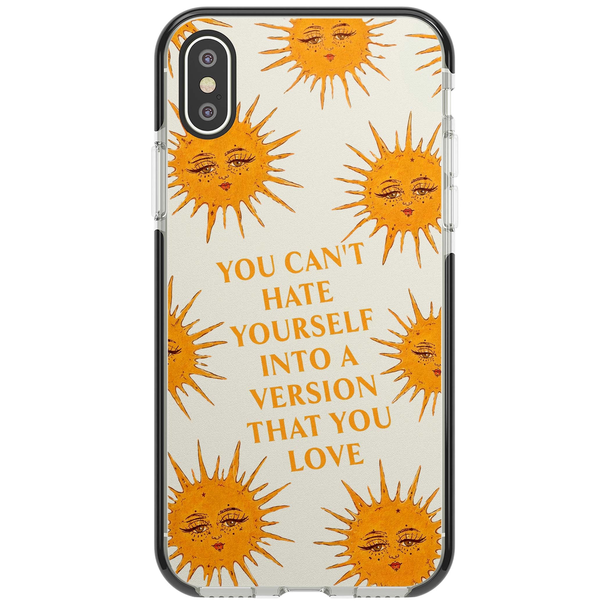 Don't Hate Yourself celestial iPhone case featuring vintage sun faces, ochre rays and a self-love quote | Black Impact case for iPhone X, iPhone XS Max, iPhone XR