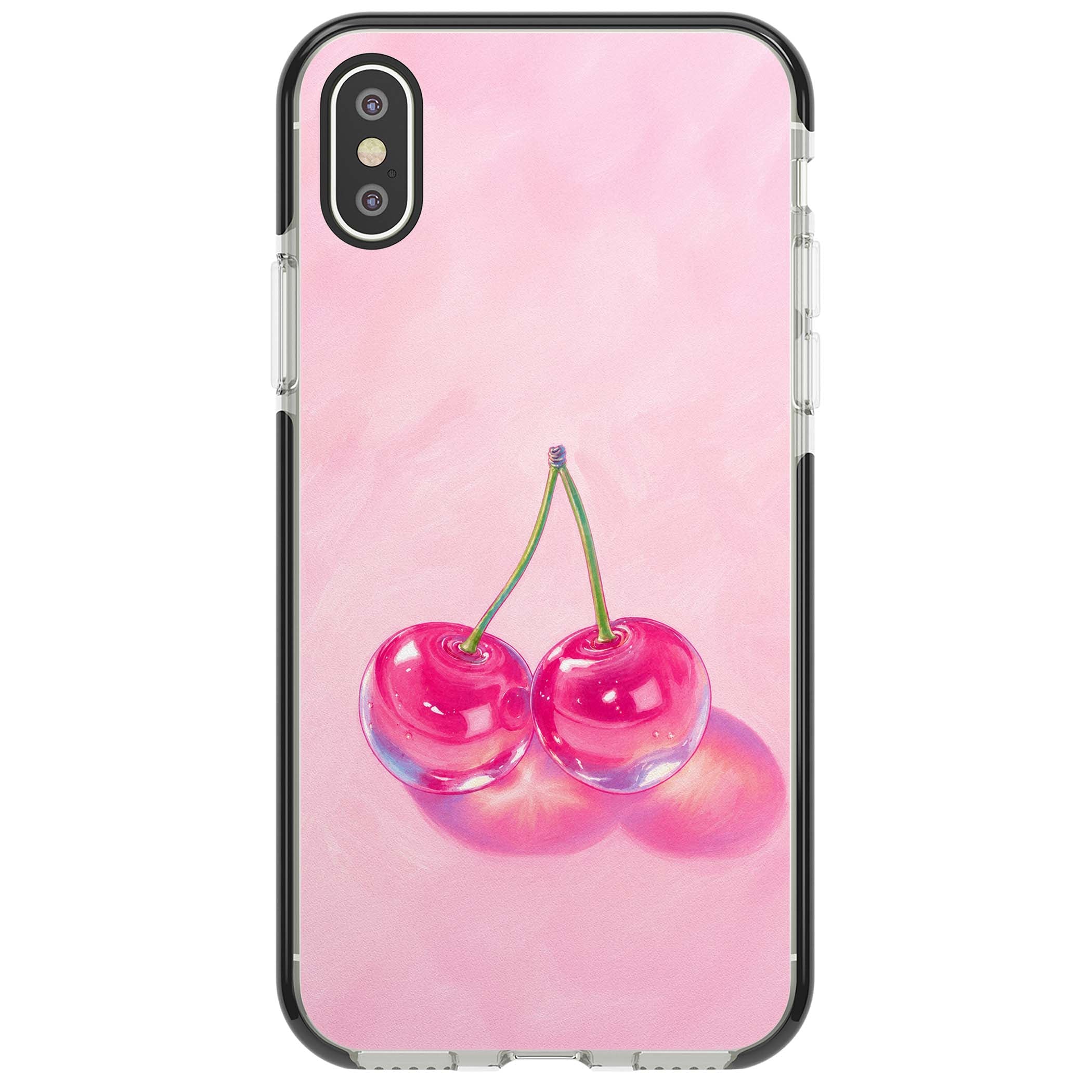 Pink Glass Cherry coquette iPhone case featuring two glossy painted cherries on a soft pink background | Black Impact case for iPhone X, iPhone XS Max, iPhone XR