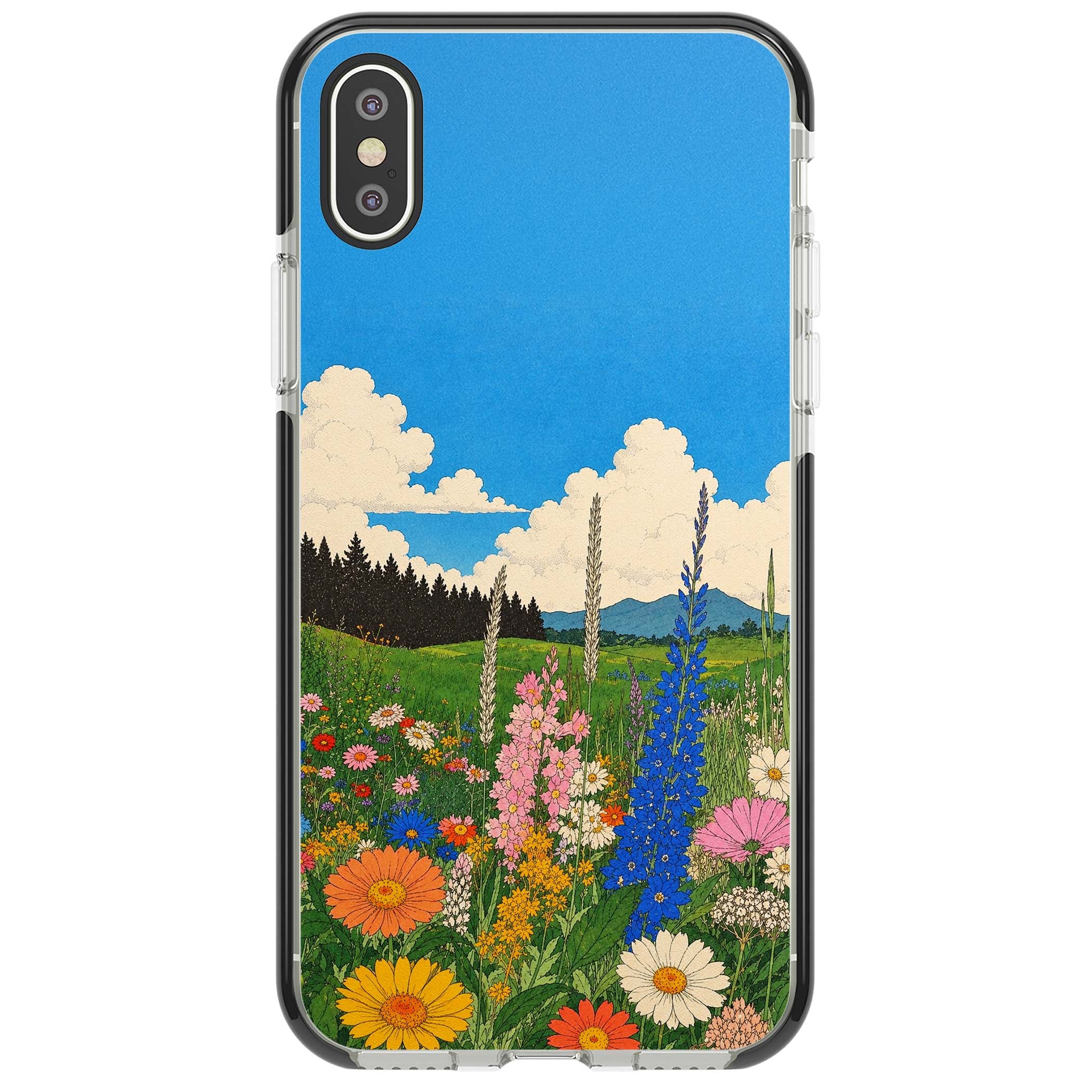 Wildbloom wildflower iPhone case featuring a vintage Japanese-style meadow landscape with daisies, delphiniums and moun | Black Impact case for iPhone X, iPhone XS Max, iPhone XR