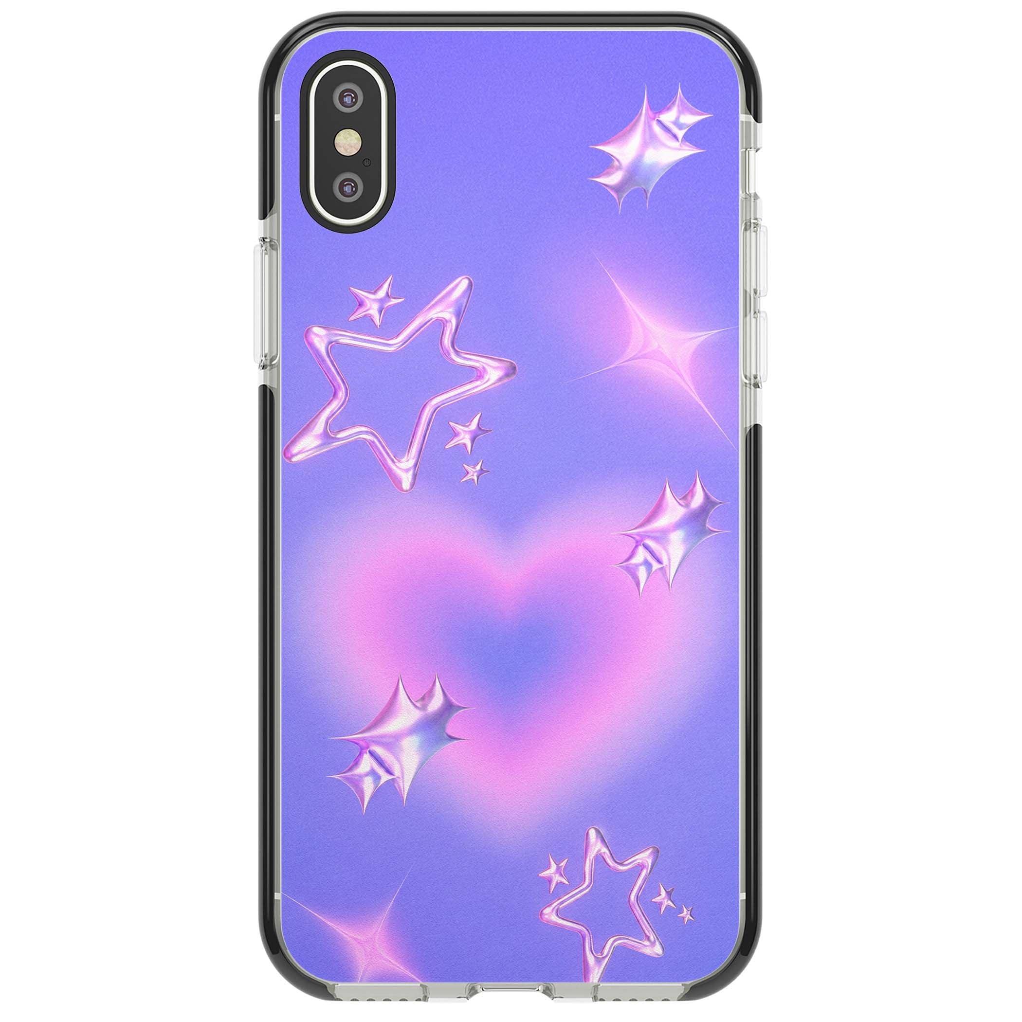 Soft Sugar Y2K iPhone case featuring iridescent chrome hearts, metallic pink stars and a lavender gradient sky | Black Impact case for iPhone X, iPhone XS Max, iPhone XR