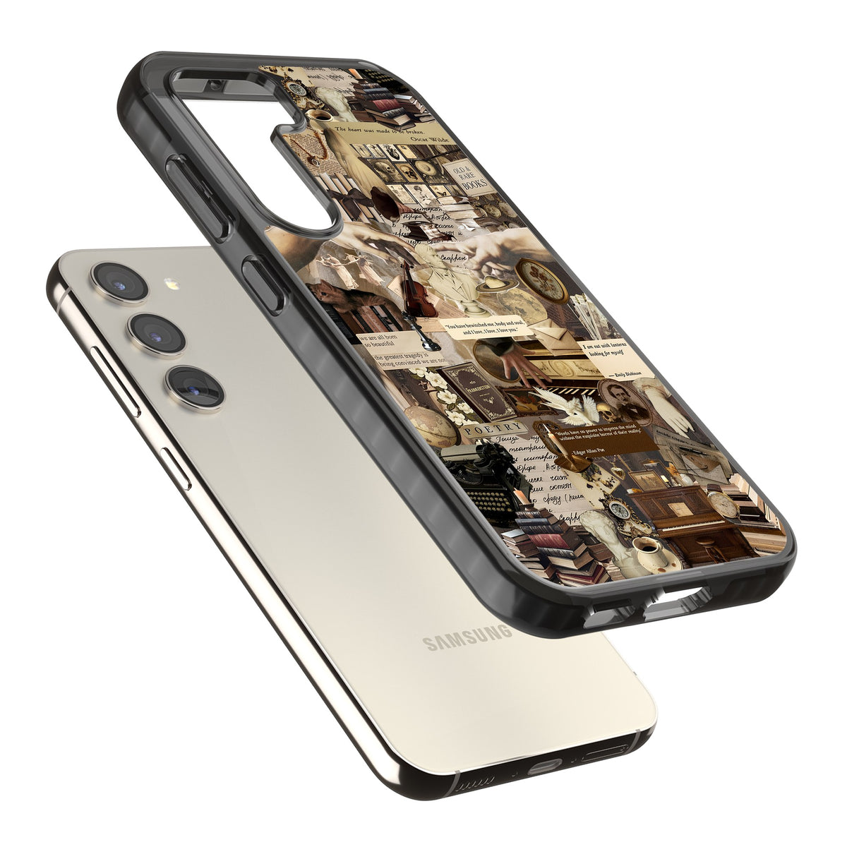 Antique Collage Samsung S22 / Samsung S22 Plus / Samsung S23 / Samsung S23 Plus / Samsung S24 / Samsung S24 Plus Impact Black Phone Case angled