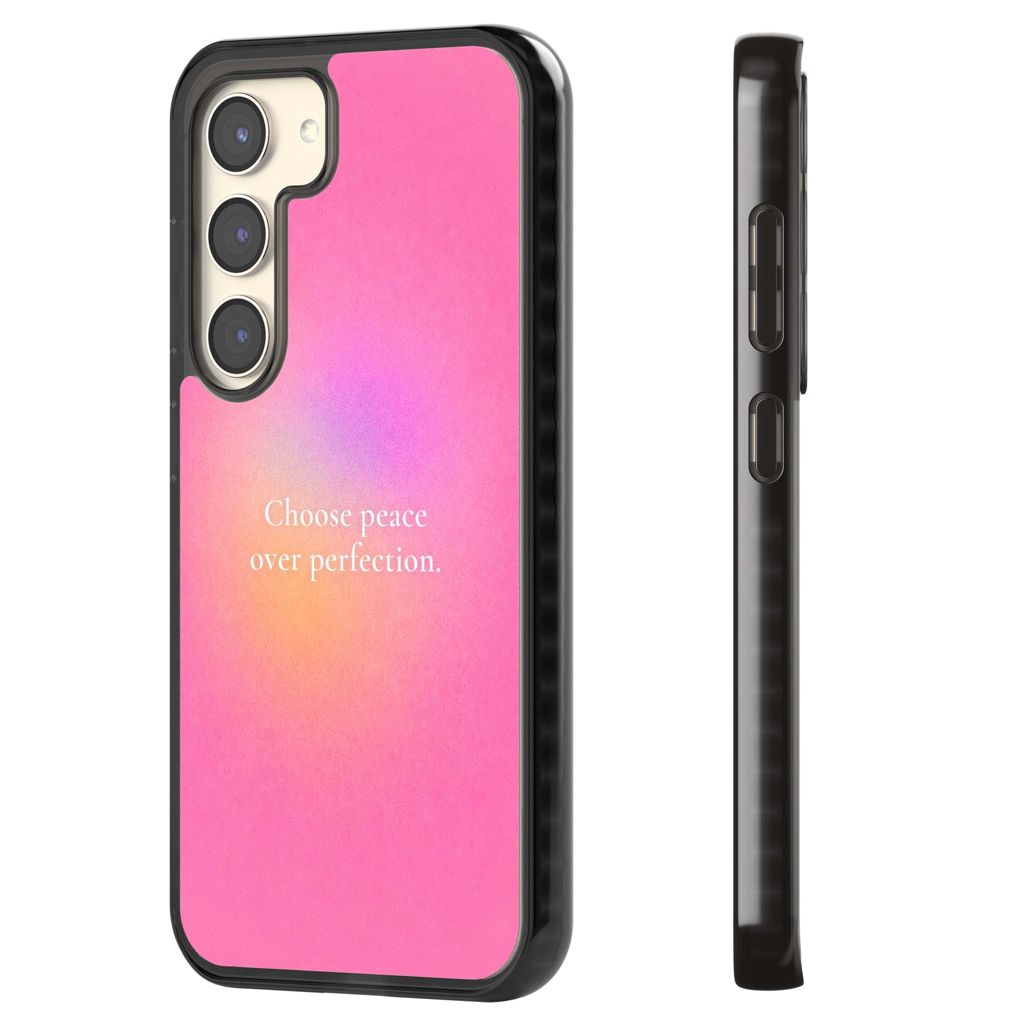Peace Over Perfection quote iPhone case featuring a dreamy pink aura gradient and delicate white affirmation text | Black Impact case for Samsung Galaxy S24, Samsung Galaxy S23, Samsung Galaxy S22